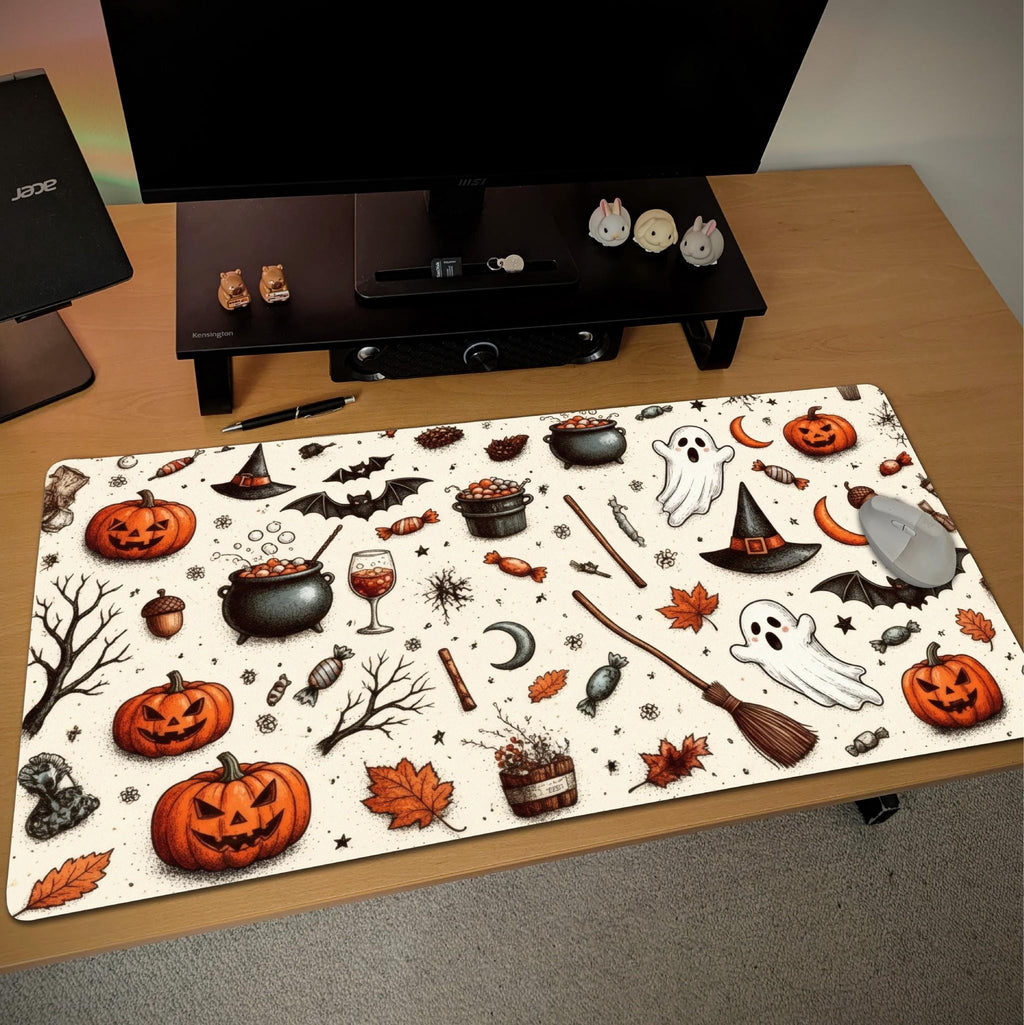 Halloween Pattern Desk Mat | Ghosts & Pumpkin Heads Motifs Mouse Pad | Illustrated Festive Desk Art Decor
