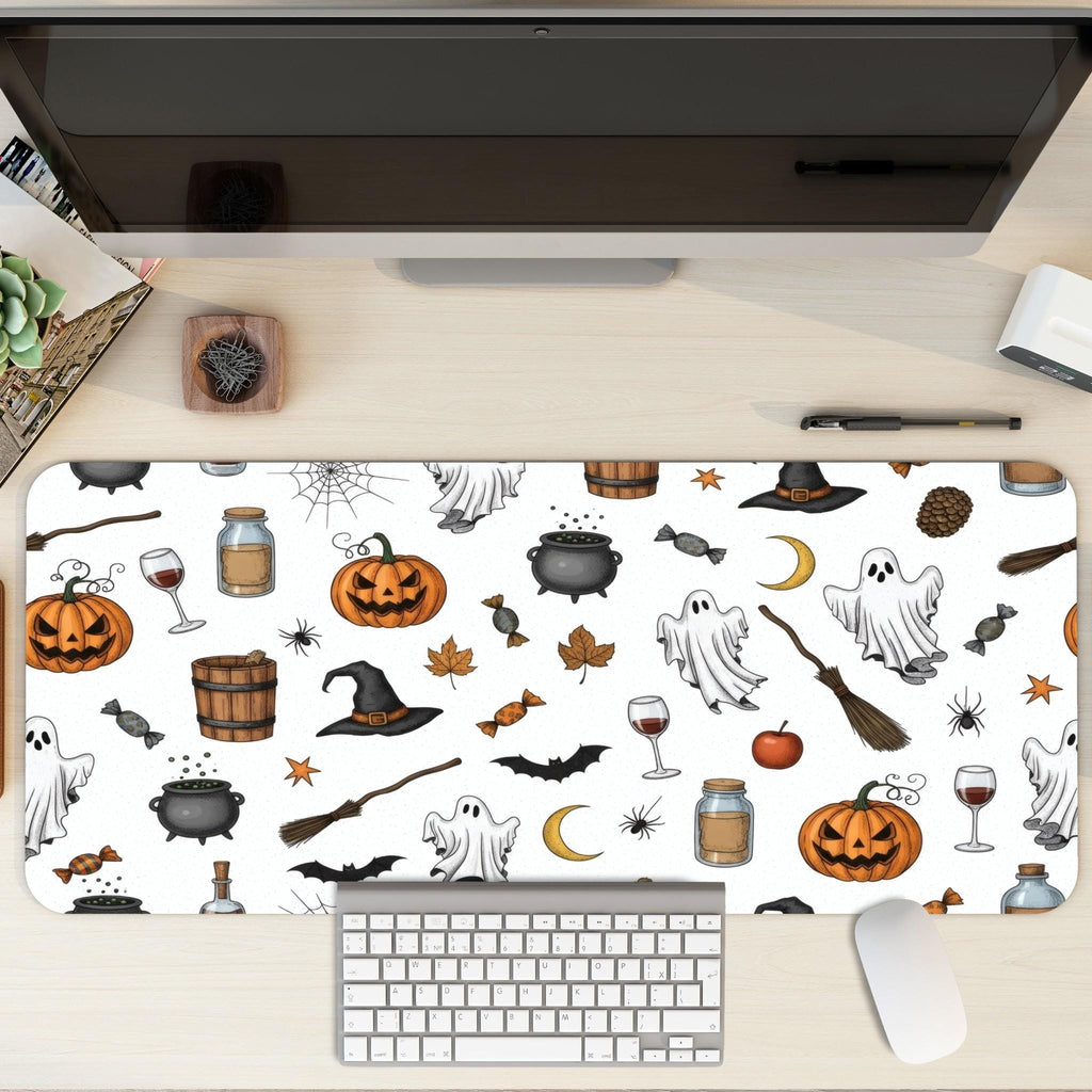 White Halloween Pattern Desk Mat | Witchy Decor Mouse Pad | Cute Illustration Trick or Treat Theme