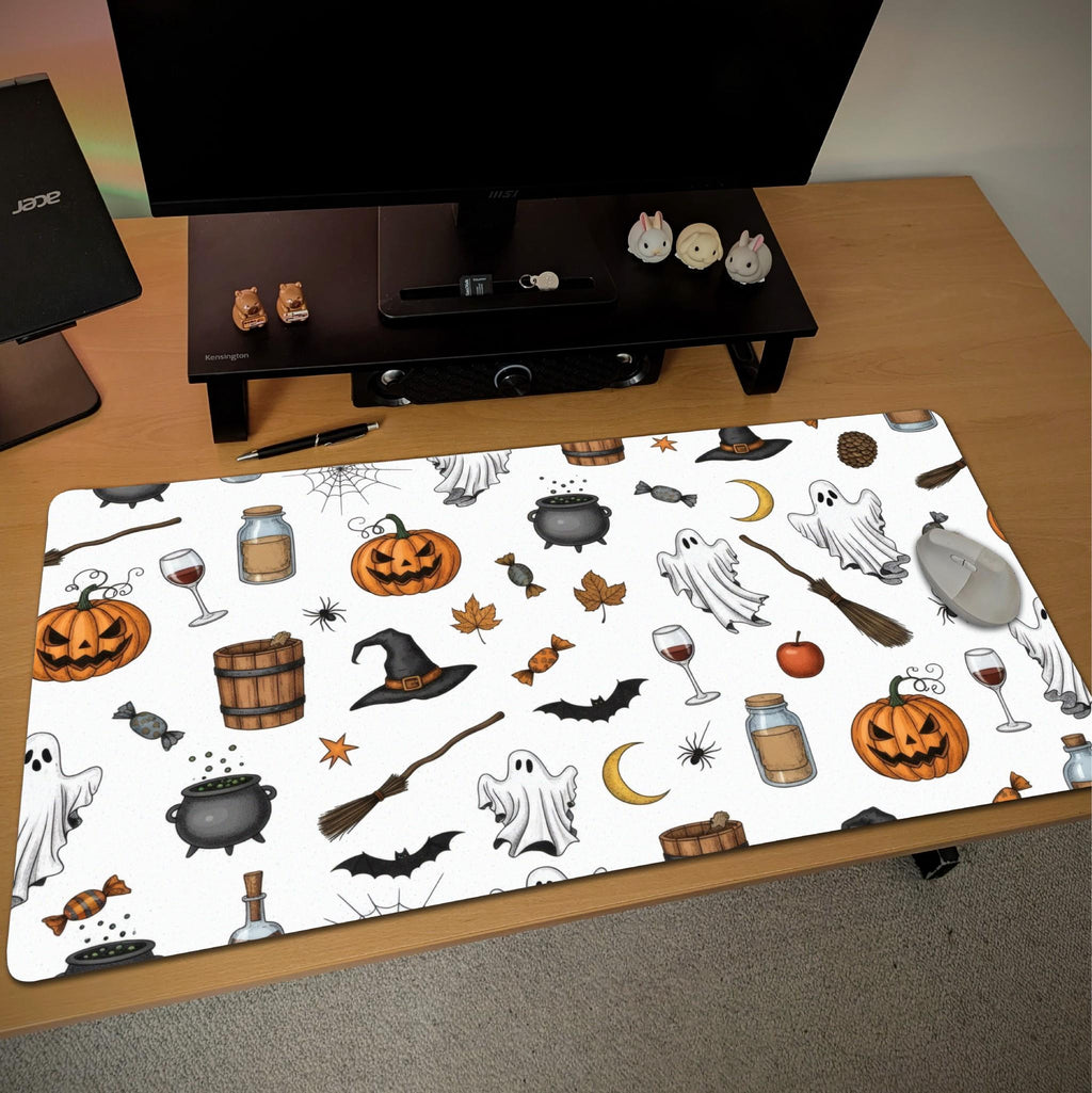 White Halloween Pattern Desk Mat | Witchy Decor Mouse Pad | Cute Illustration Trick or Treat Theme