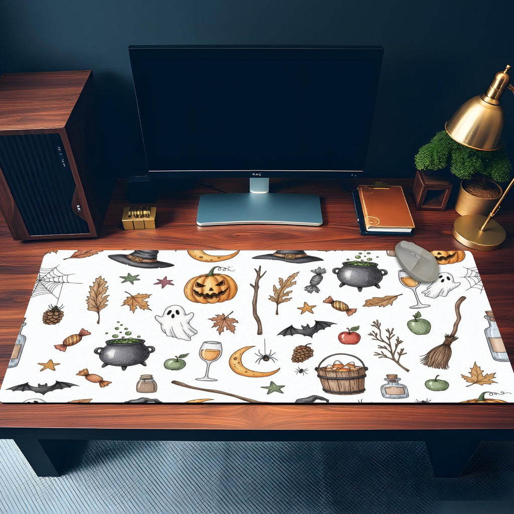 Whimsical Halloween Desk Mat | Spooky Ghost, Pumpkin Desk Pad | Rustic Fall Office Decor