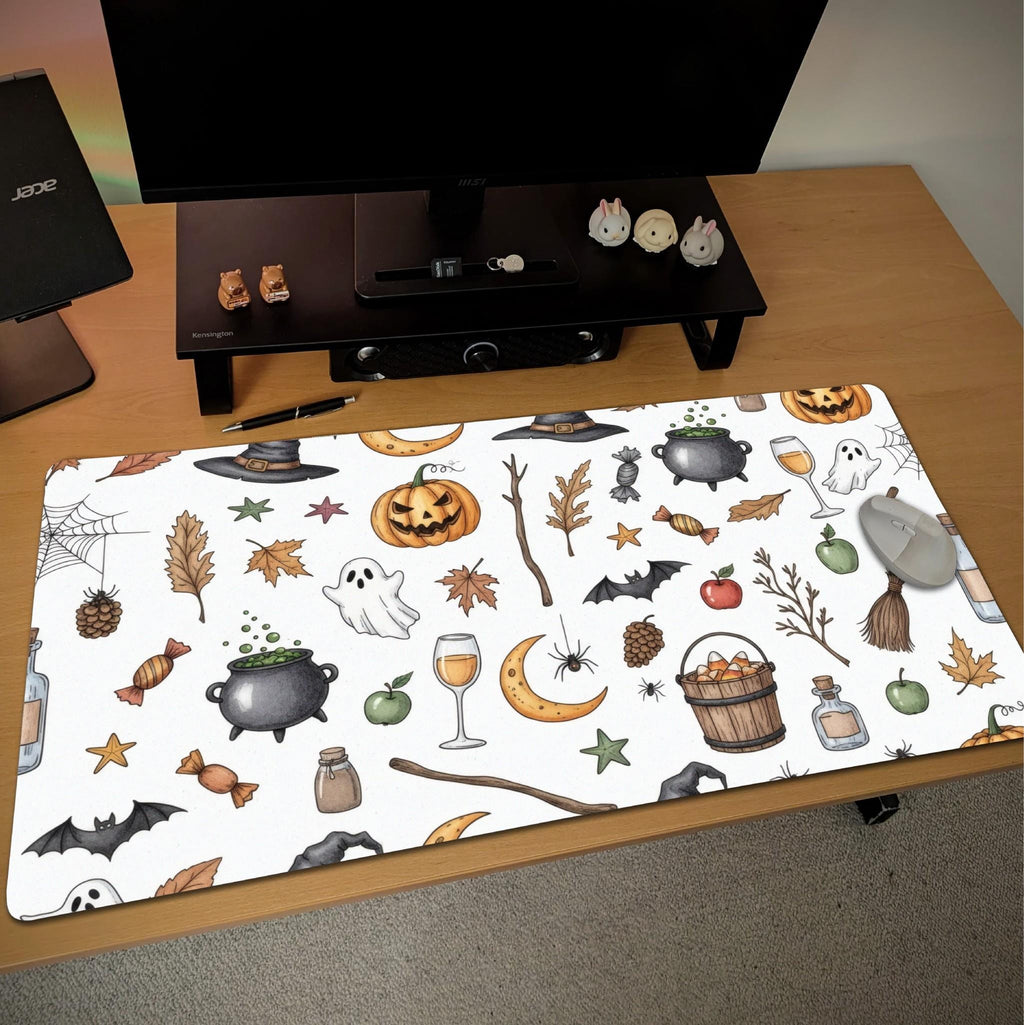 Whimsical Halloween Desk Mat | Spooky Ghost, Pumpkin Desk Pad | Rustic Fall Office Decor
