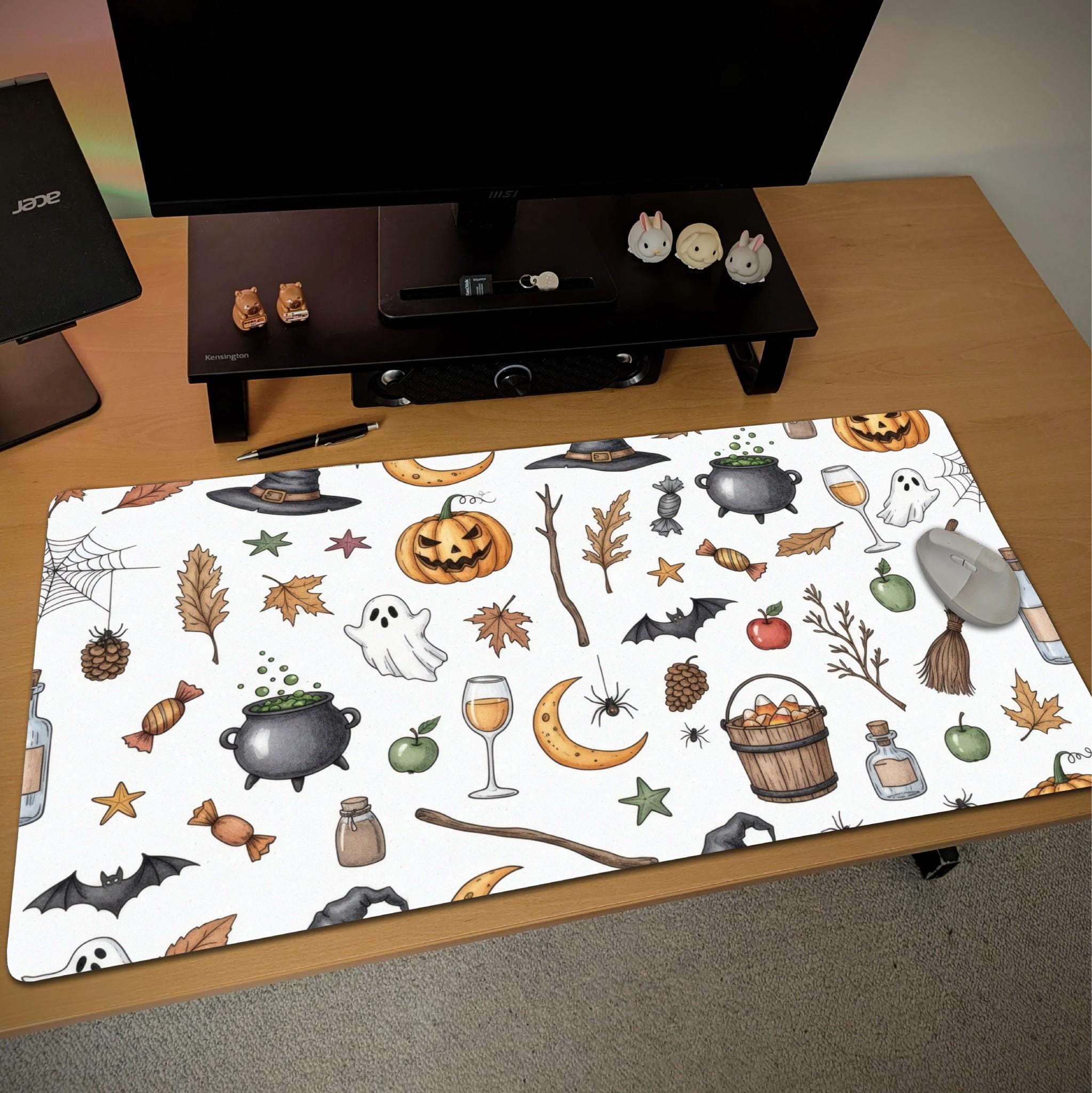 Whimsical Halloween Desk Mat | Spooky Ghost, Pumpkin Desk Pad | Rustic Fall Office Decor