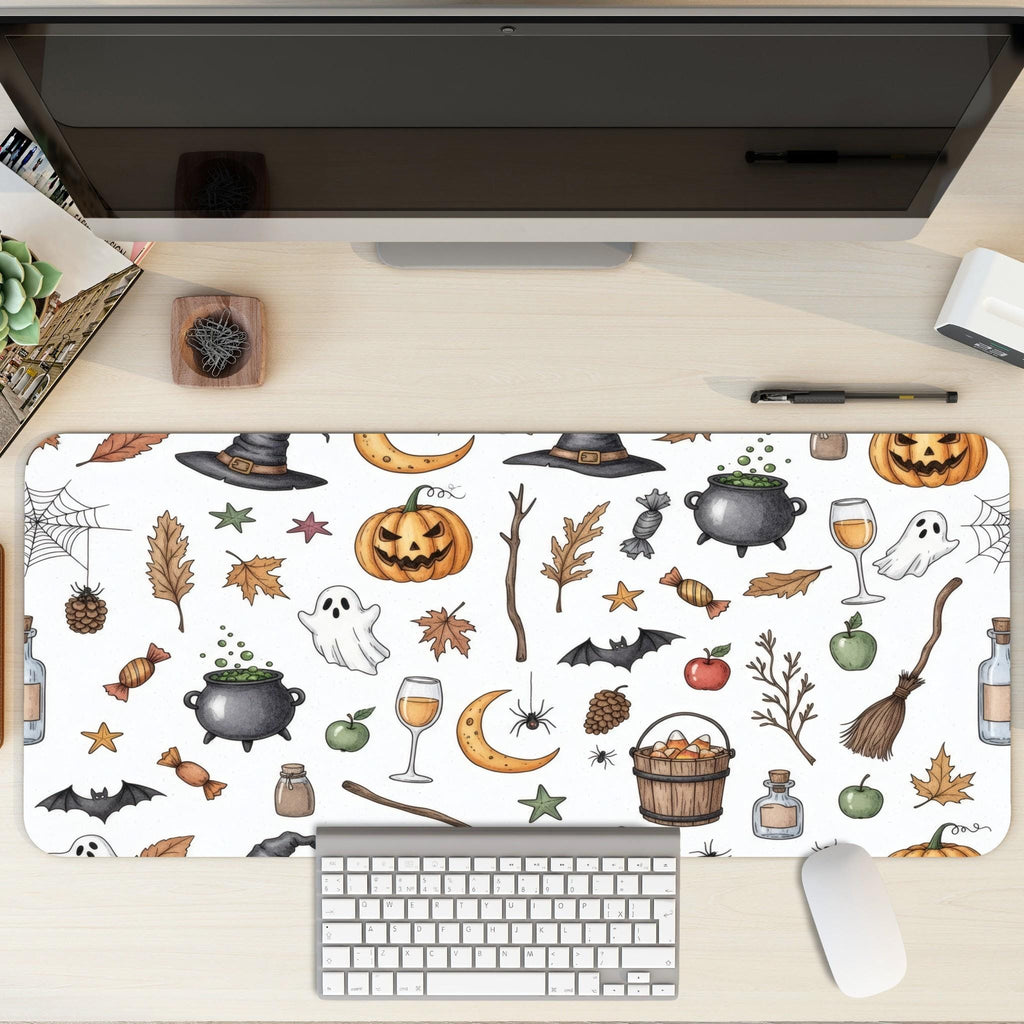 Whimsical Halloween Desk Mat | Spooky Ghost, Pumpkin Desk Pad | Rustic Fall Office Decor