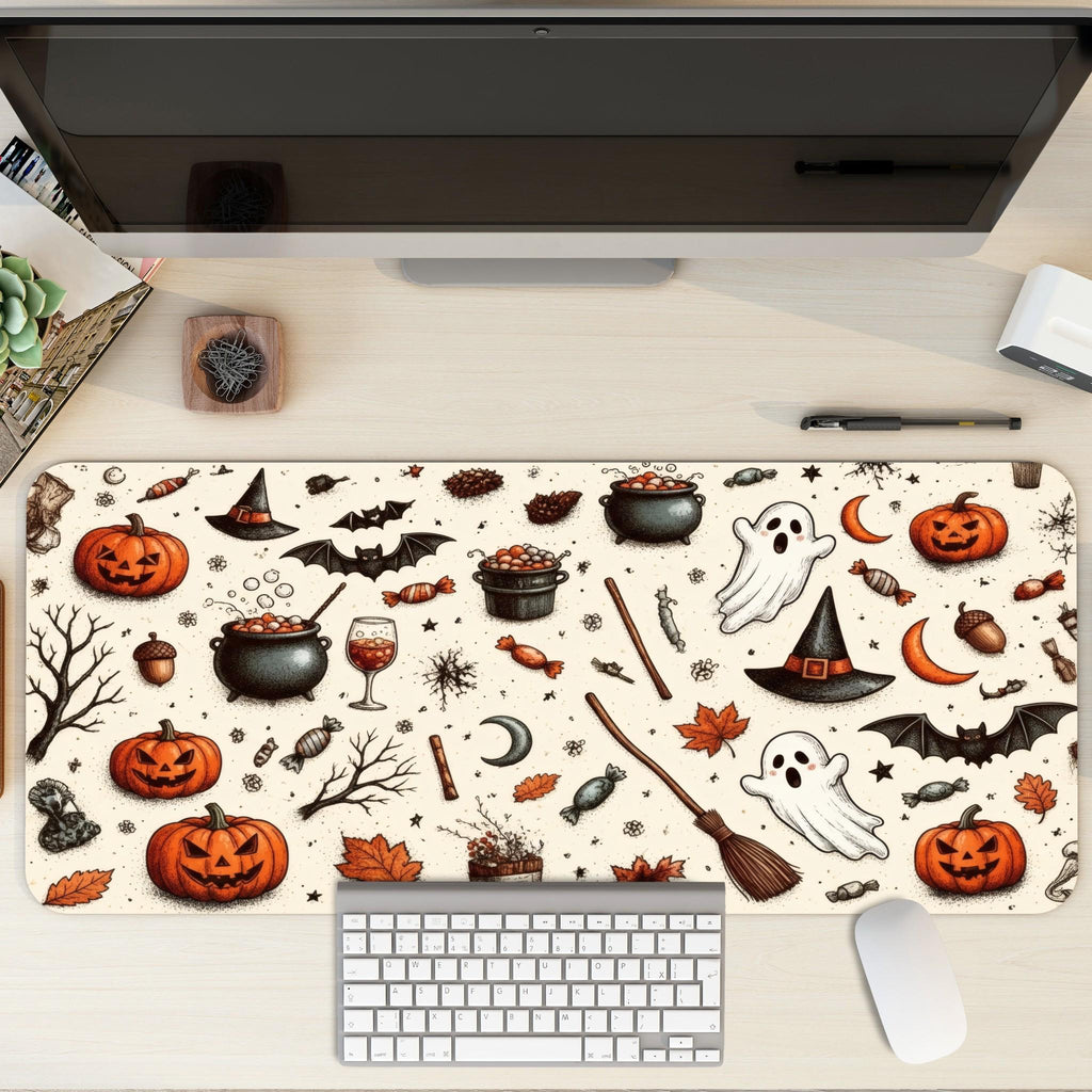 Halloween Pattern Desk Mat | Ghosts & Pumpkin Heads Motifs Mouse Pad | Illustrated Festive Desk Art Decor