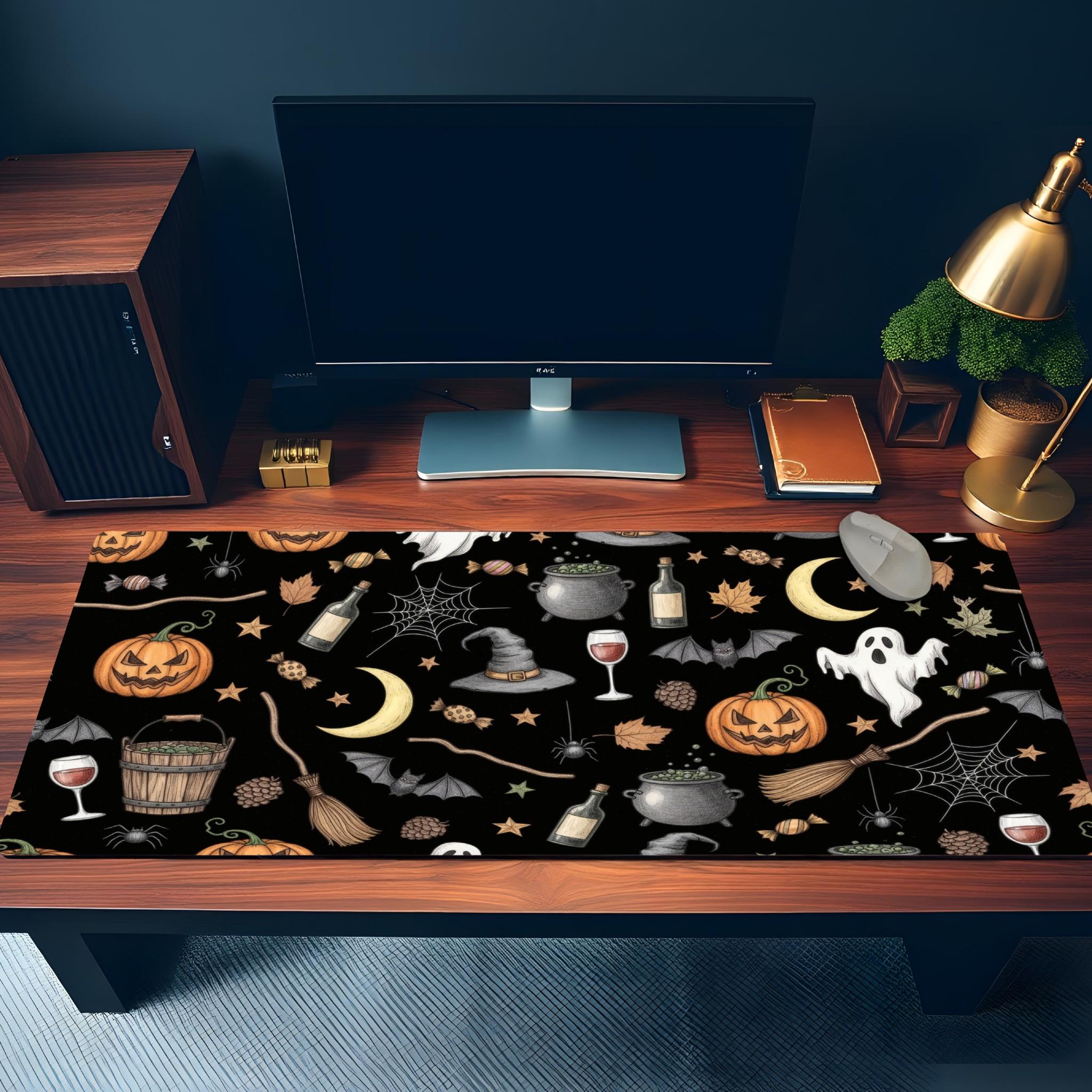 Black Halloween Pattern Desk Mat | Spooky Pumpkin and Motifs Mouse Pad | Ilustration style Desk Decor