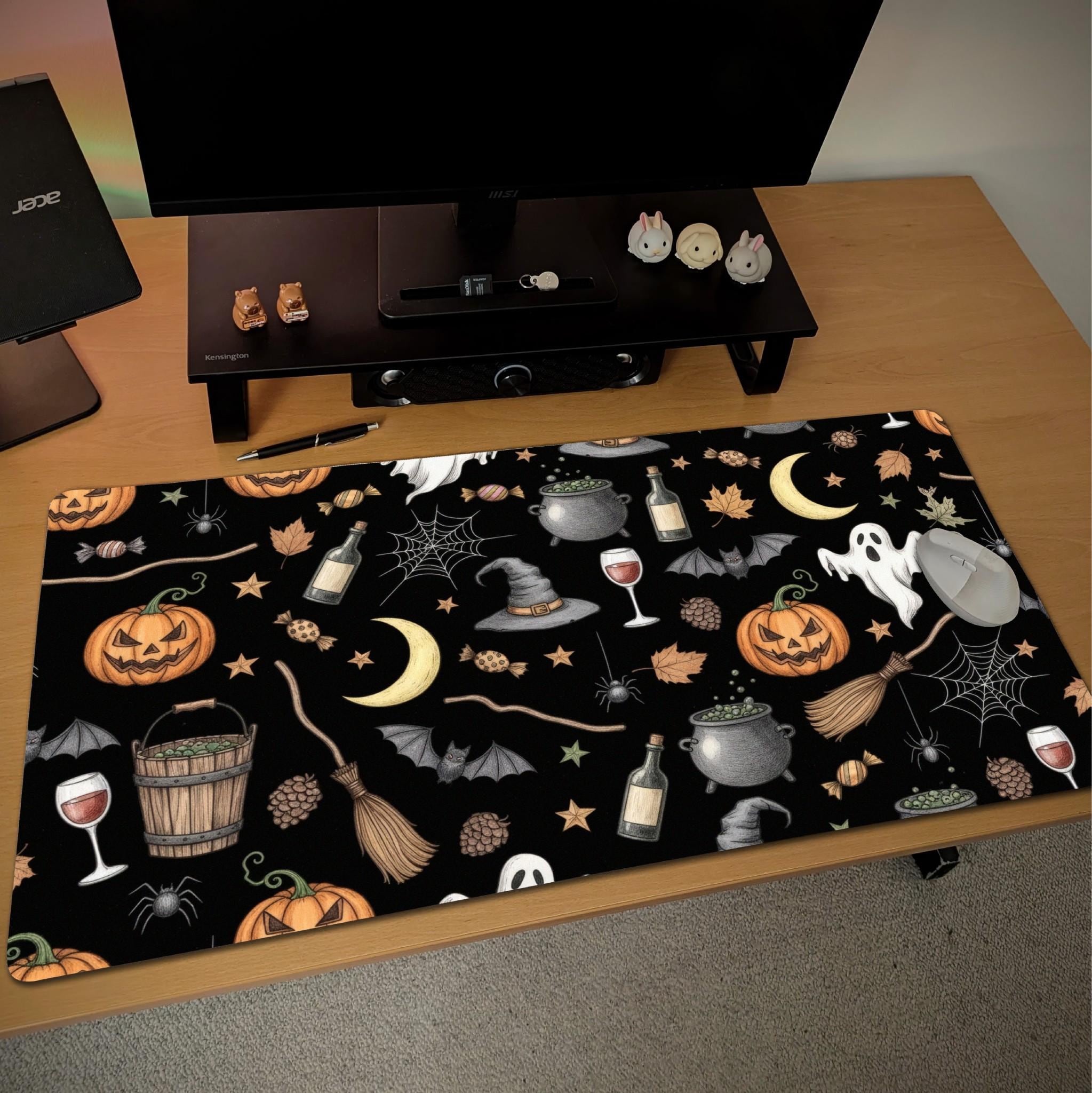 Black Halloween Pattern Desk Mat | Spooky Pumpkin and Motifs Mouse Pad | Ilustration style Desk Decor