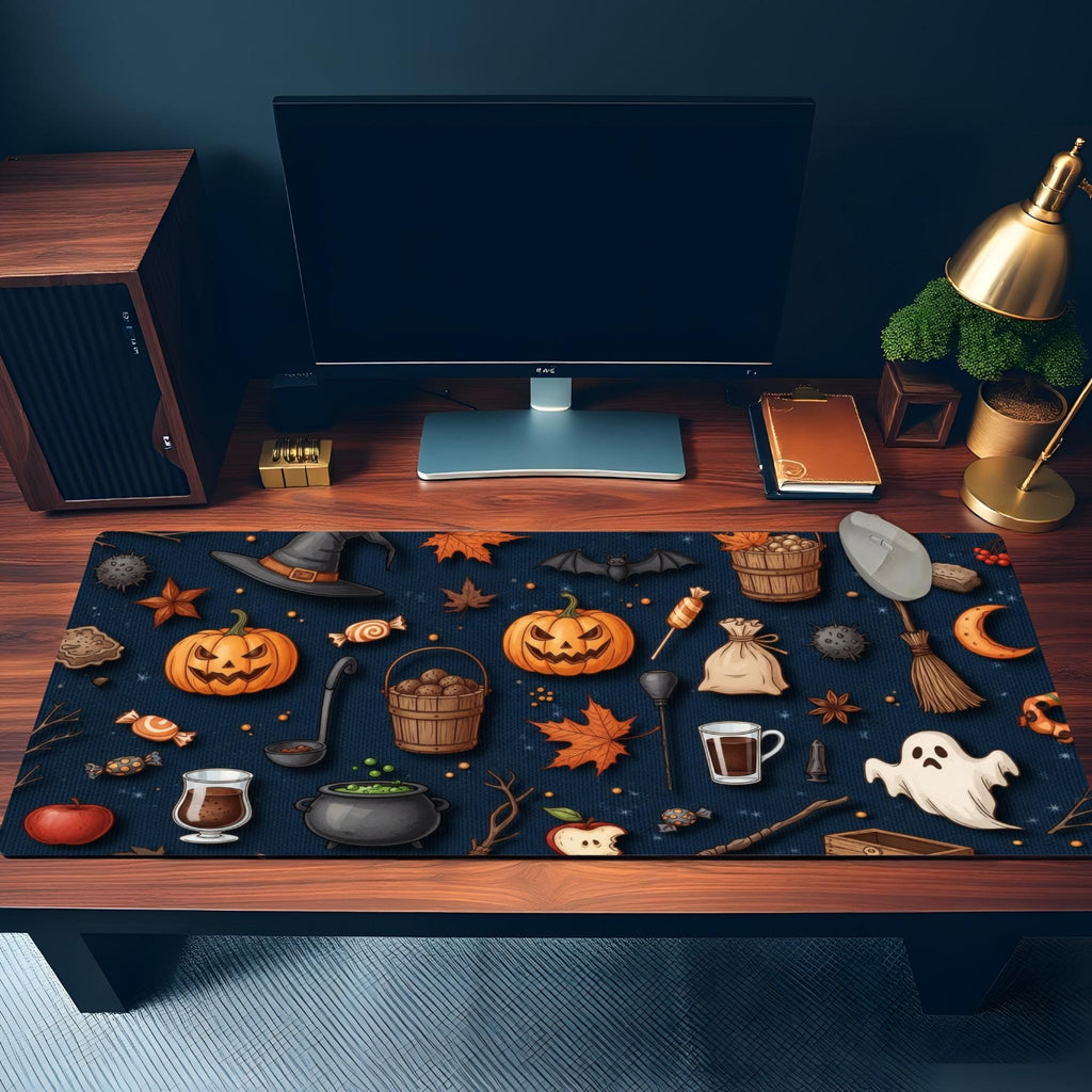 Navy Halloween Desk Mat | Cute Spooky Icons Mouse Pad | Modern Spooky Desk Decor