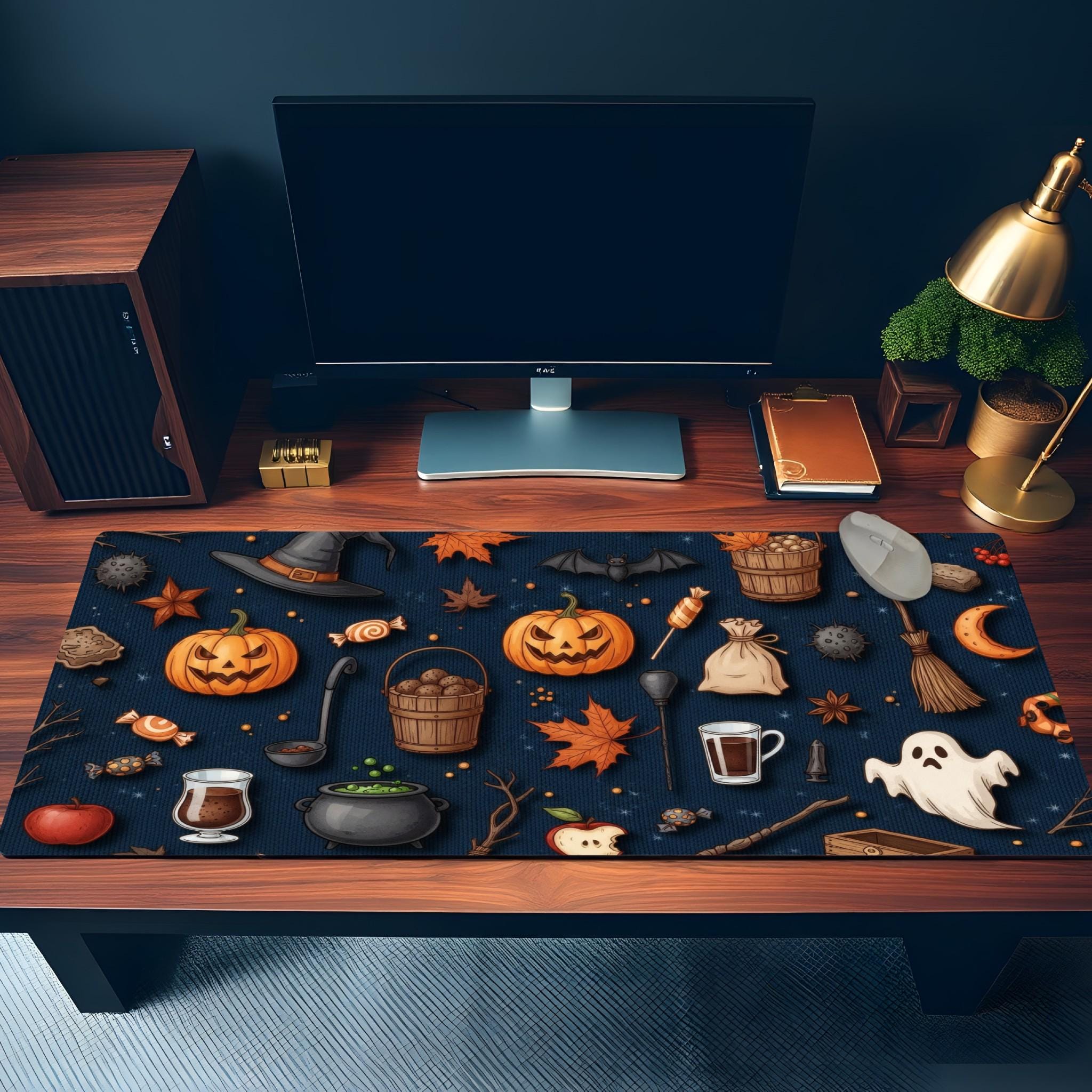 Navy Halloween Desk Mat | Cute Spooky Icons Mouse Pad | Modern Spooky Desk Decor