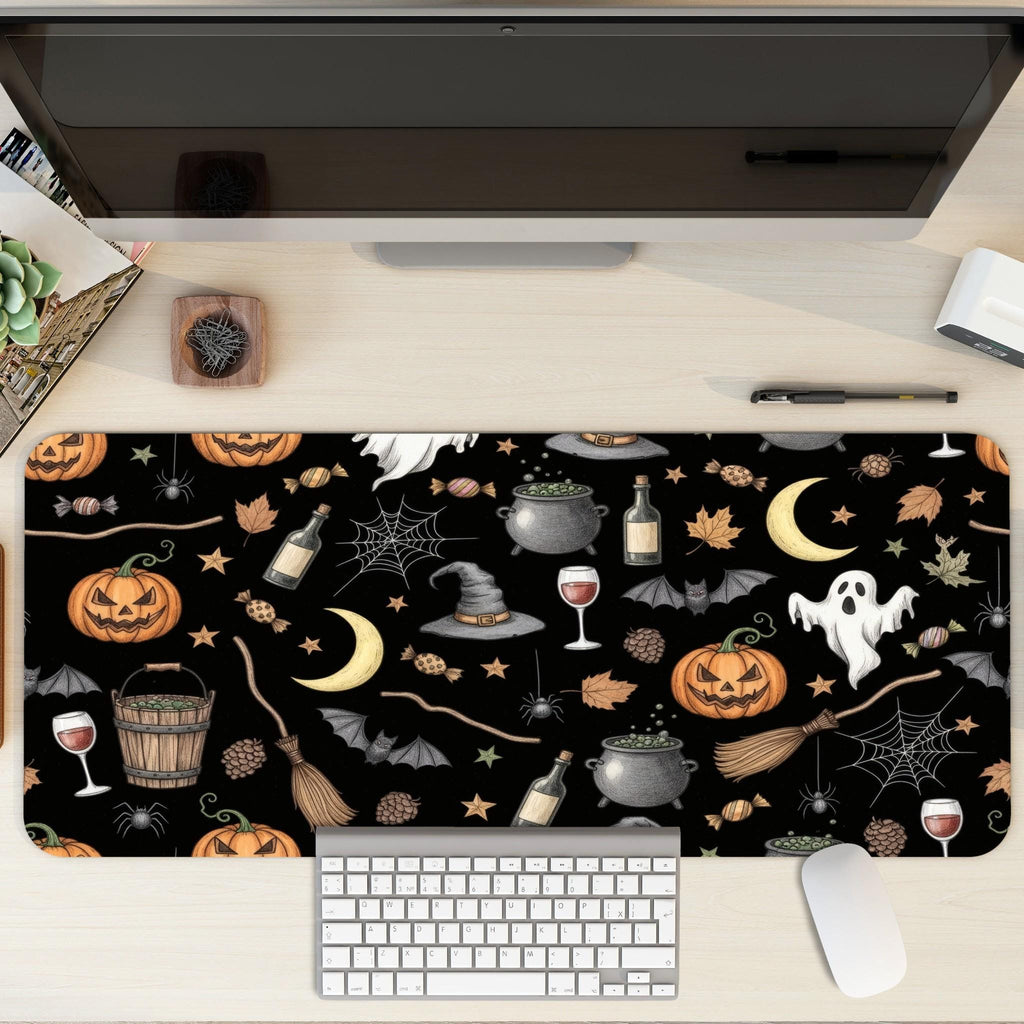 Black Halloween Pattern Desk Mat | Spooky Pumpkin and Motifs Mouse Pad | Ilustration style Desk Decor
