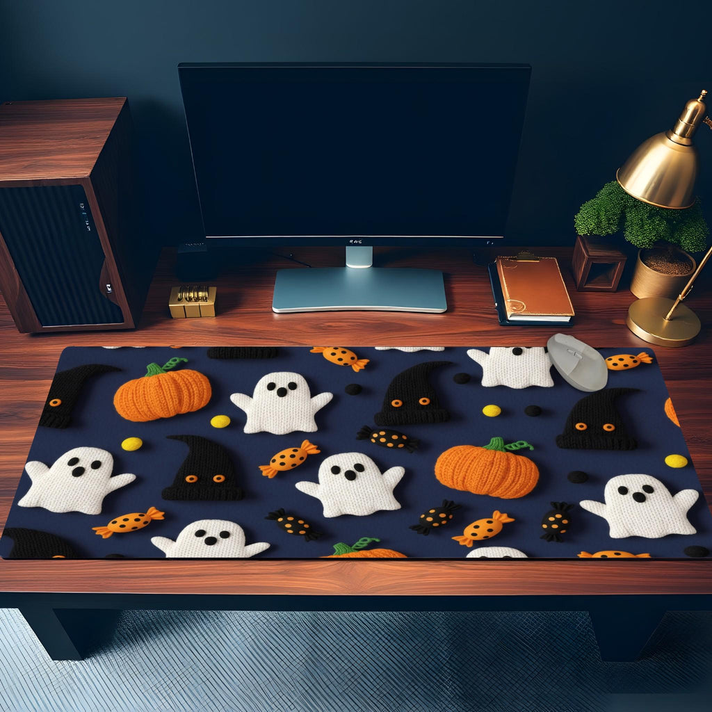 Navy Halloween Desk Mat | Spooky Knit Ornaments Mouse Pad, Decorative Desk Accessory
