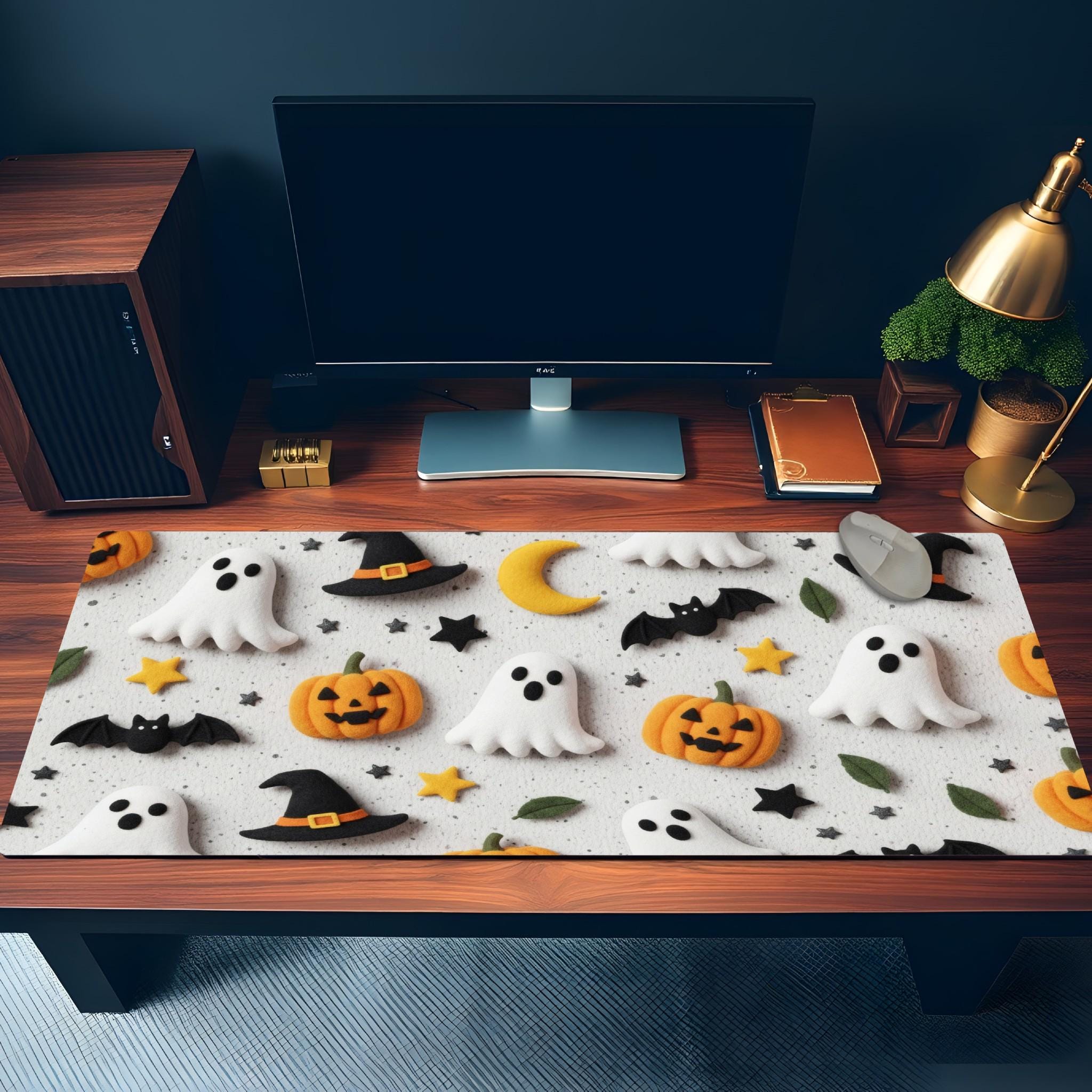 Plushie Halloween Desk Mat | White Ornaments Cute Desk Pad | Cozy Aesthetic Office Decor