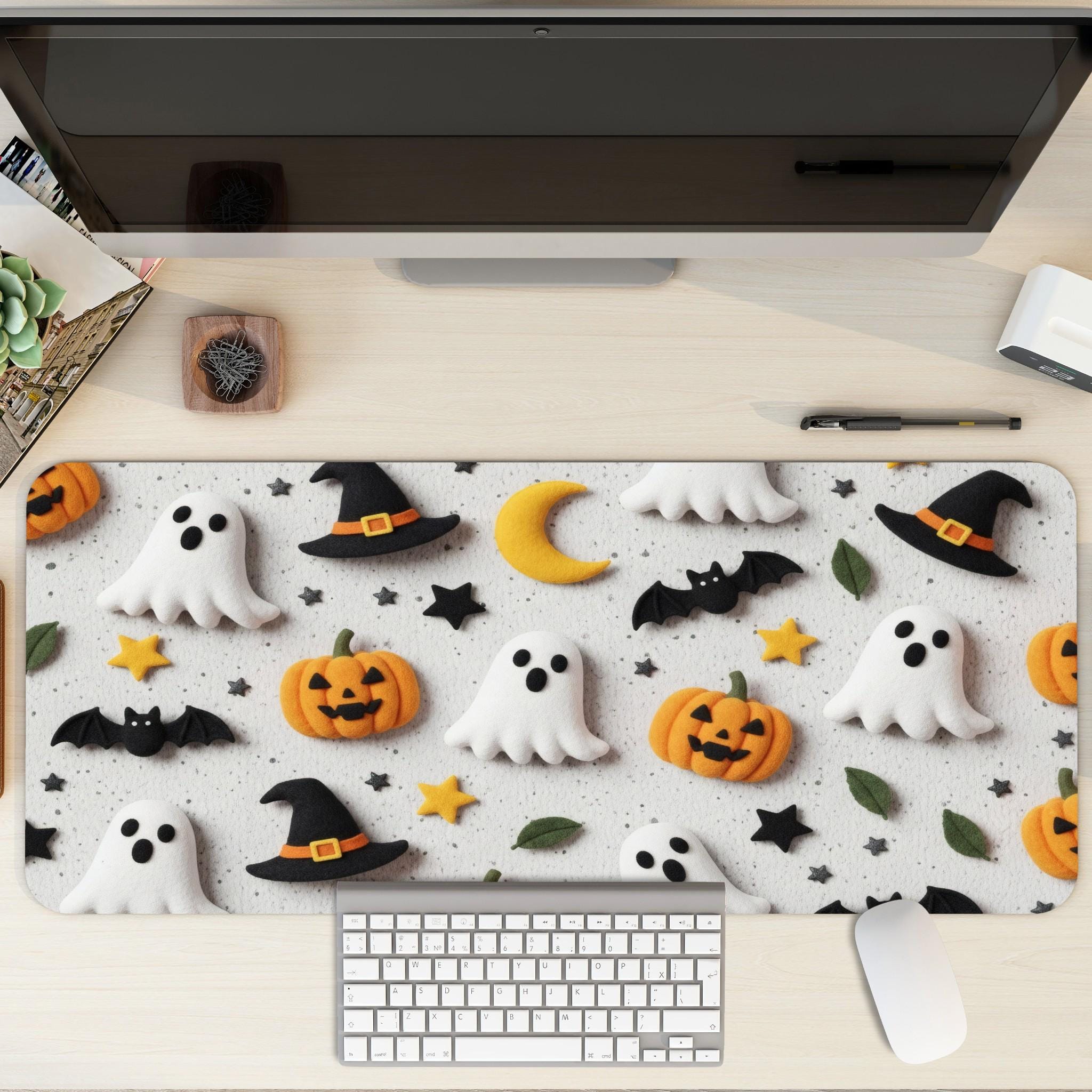 Plushie Halloween Desk Mat | White Ornaments Cute Desk Pad | Cozy Aesthetic Office Decor