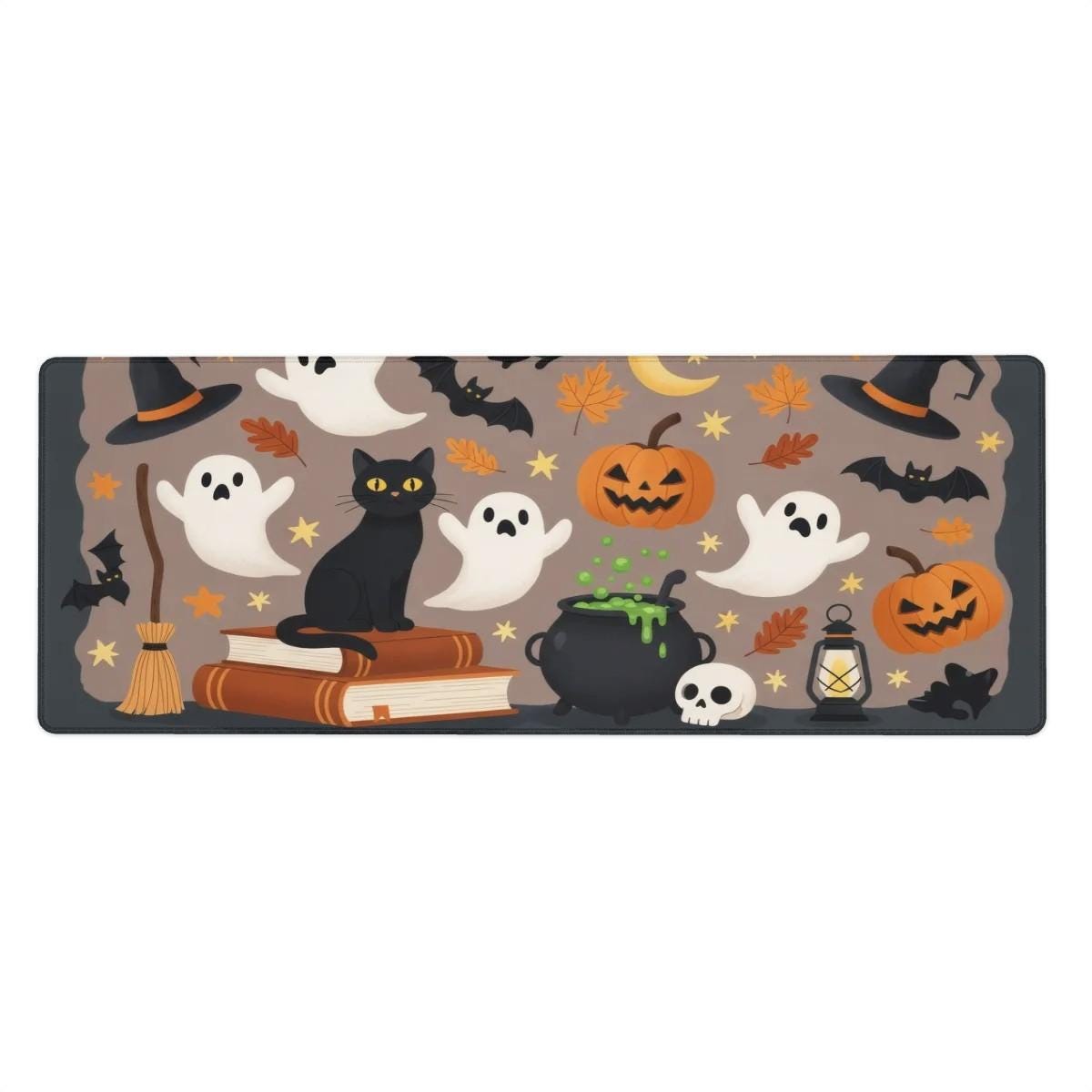 Cute Halloween Pattern Desk Mat | Black Brown Kawaii Spooky Desk Decor