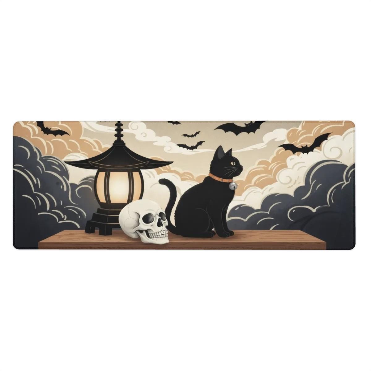 Black Cat Skull Desk Mat | Bats and Swirling Clouds in Japanese style drawing | Black and Beige Palette