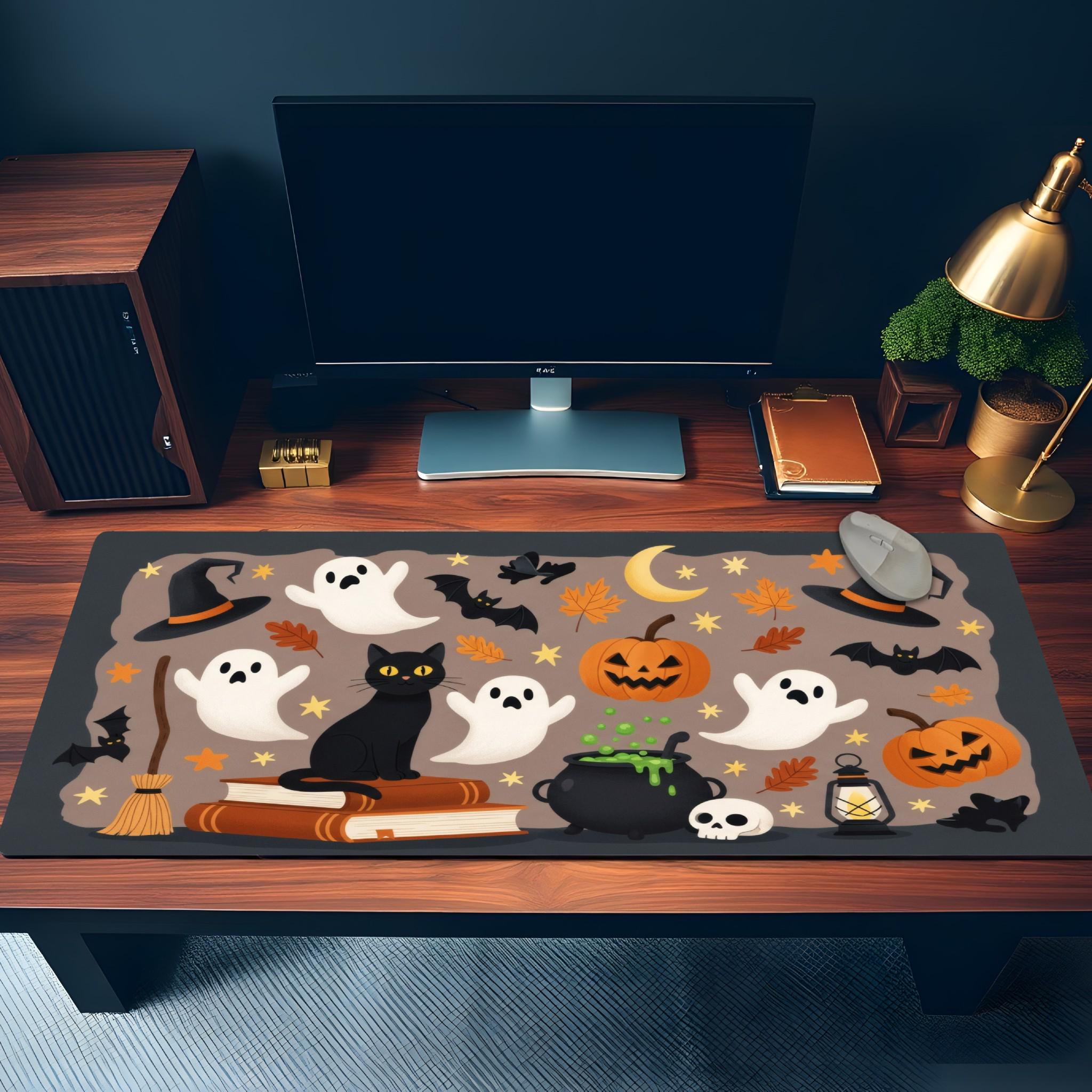 Cute Halloween Pattern Desk Mat | Black Brown Kawaii Spooky Desk Decor