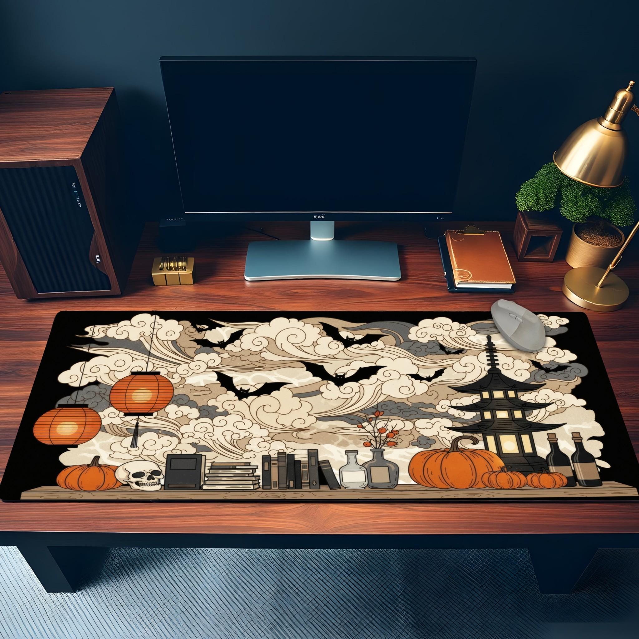 Japanese Halloween Desk Mat | Swirling Cloud background | Orange Black Asian Art Desk Decor