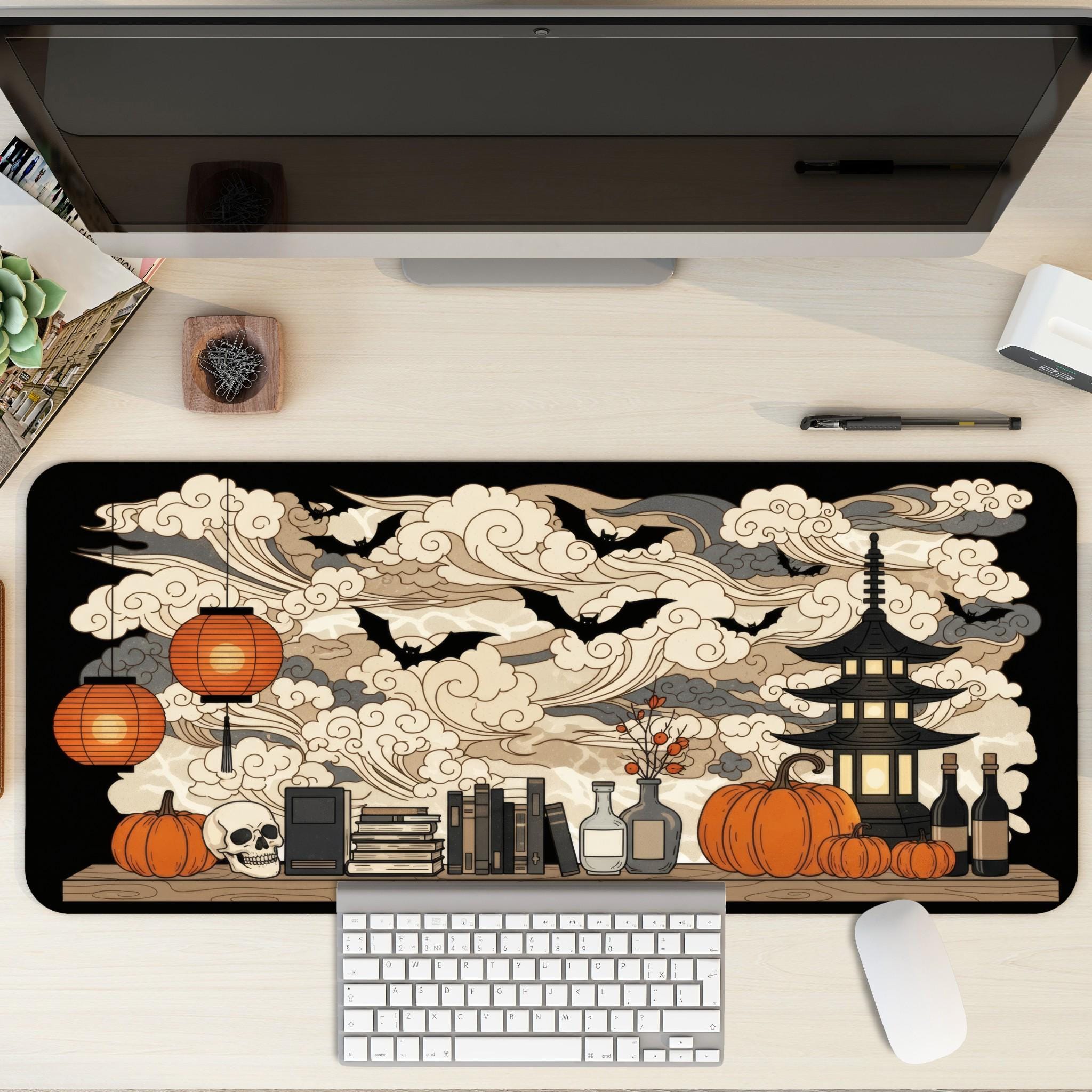 Japanese Halloween Desk Mat | Swirling Cloud background | Orange Black Asian Art Desk Decor