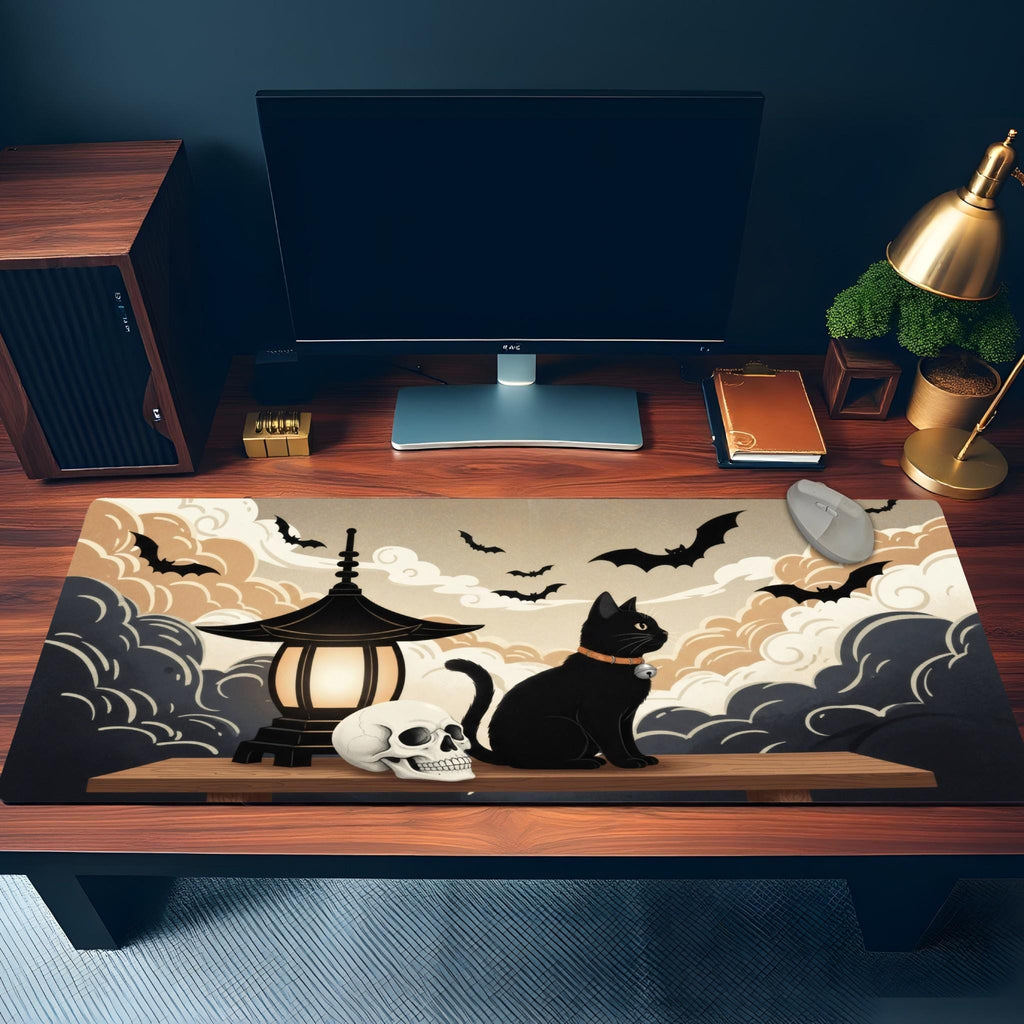 Black Cat Skull Desk Mat | Bats and Swirling Clouds in Japanese style drawing | Black and Beige Palette