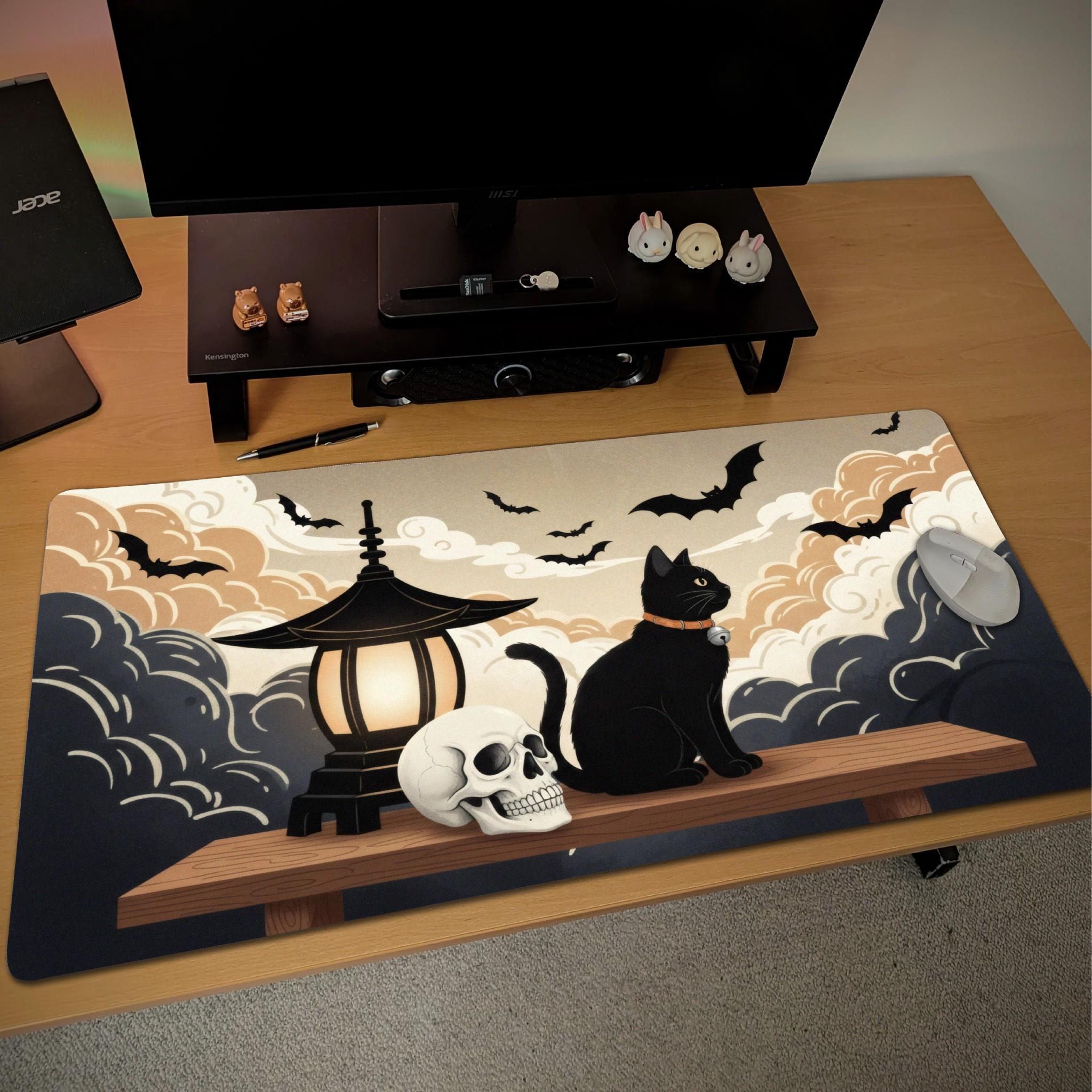 Black Cat Skull Desk Mat | Bats and Swirling Clouds in Japanese style drawing | Black and Beige Palette