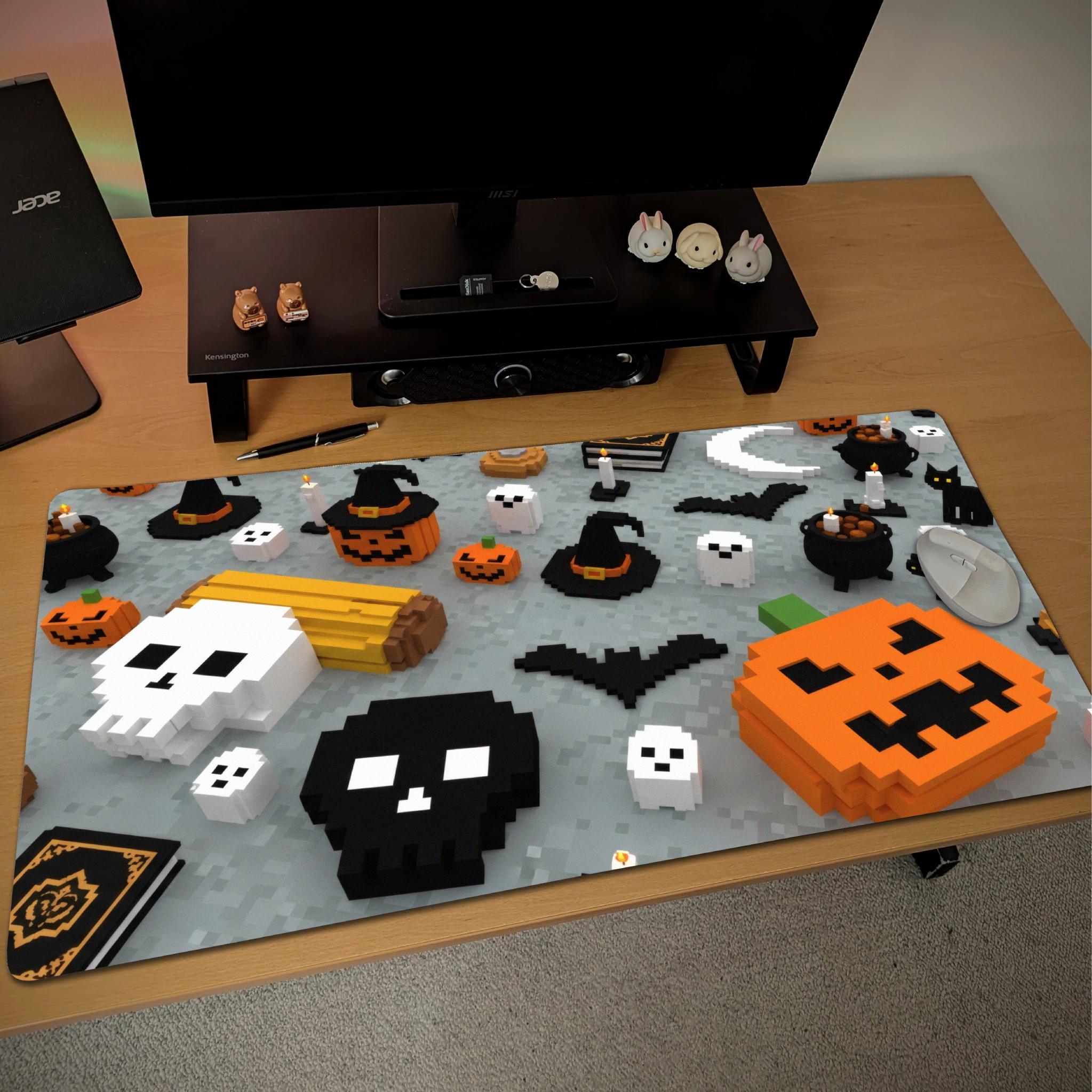 Minecraft Style Halloween Large Desk Mat | Pixel Art Pumpkin Ghosts | Orange Black Gaming Desk Decor with Retro Pixel Style