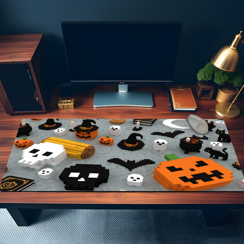 Minecraft Style Halloween Large Desk Mat | Pixel Art Pumpkin Ghosts | Orange Black Gaming Desk Decor with Retro Pixel Style