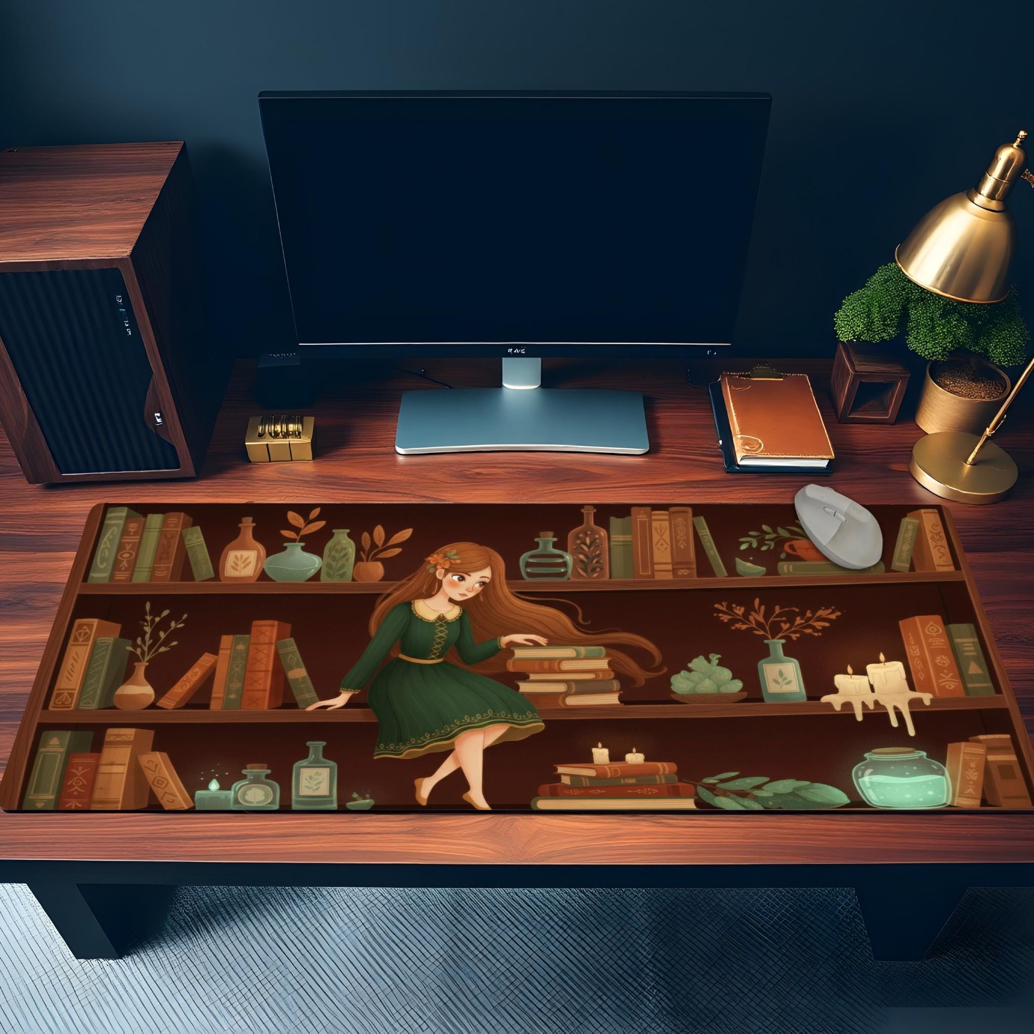 Witchy Bookshelf Desk Mat | Cottagecore, Fantasy Illustration Mouse Pad | Green, Brown Botanicals Decor
