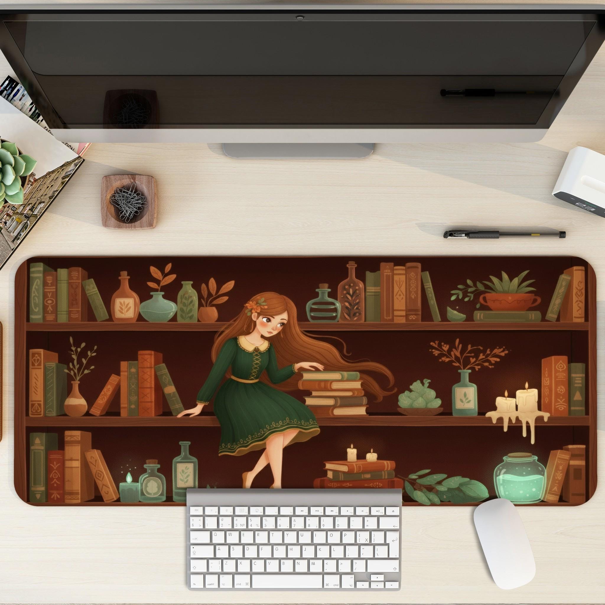 Witchy Bookshelf Desk Mat | Cottagecore, Fantasy Illustration Mouse Pad | Green, Brown Botanicals Decor