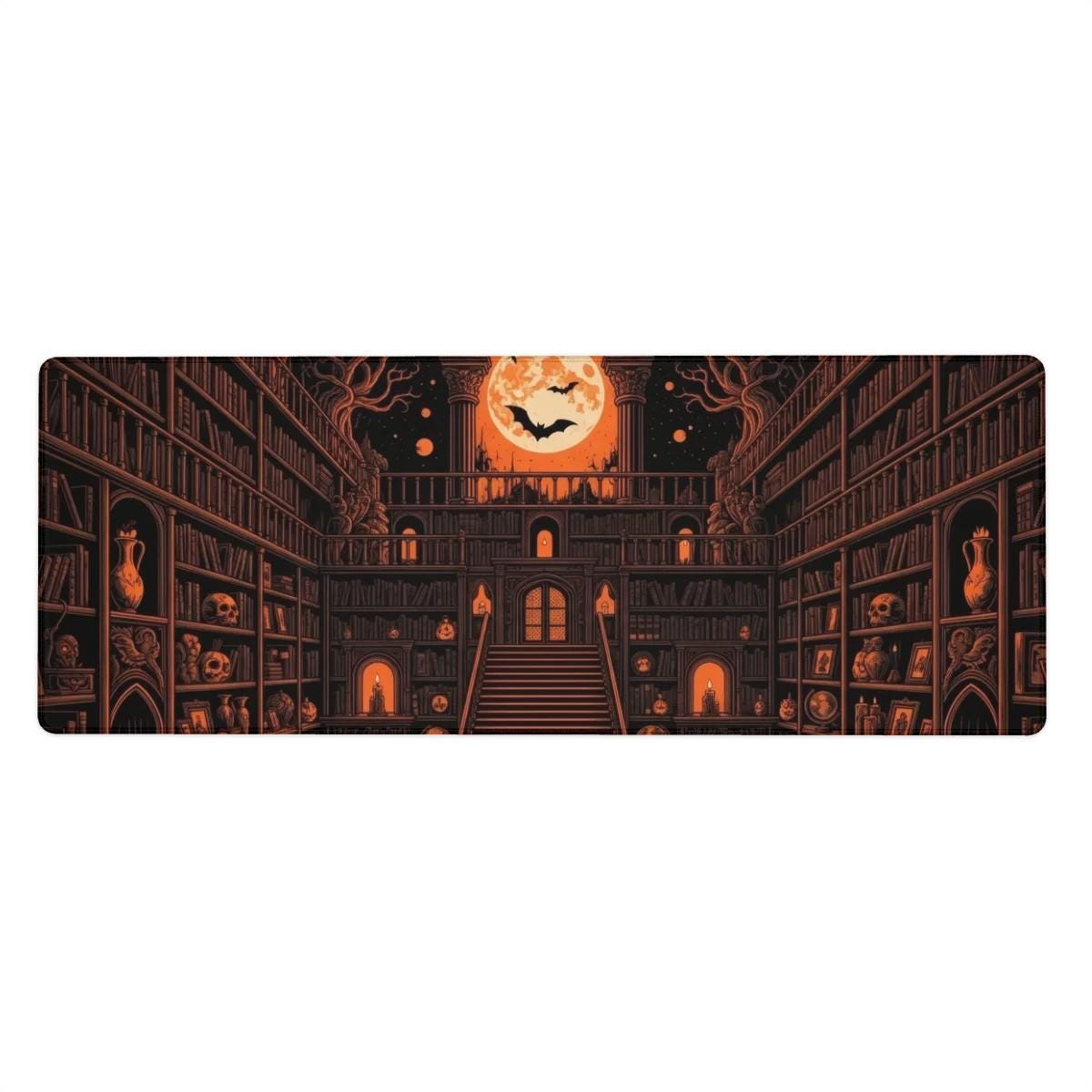 Horror Halloween Desk Mat | Gothic Library Moonlit Bats | Orange Black Victorian Office Decor | Dark Academia Art