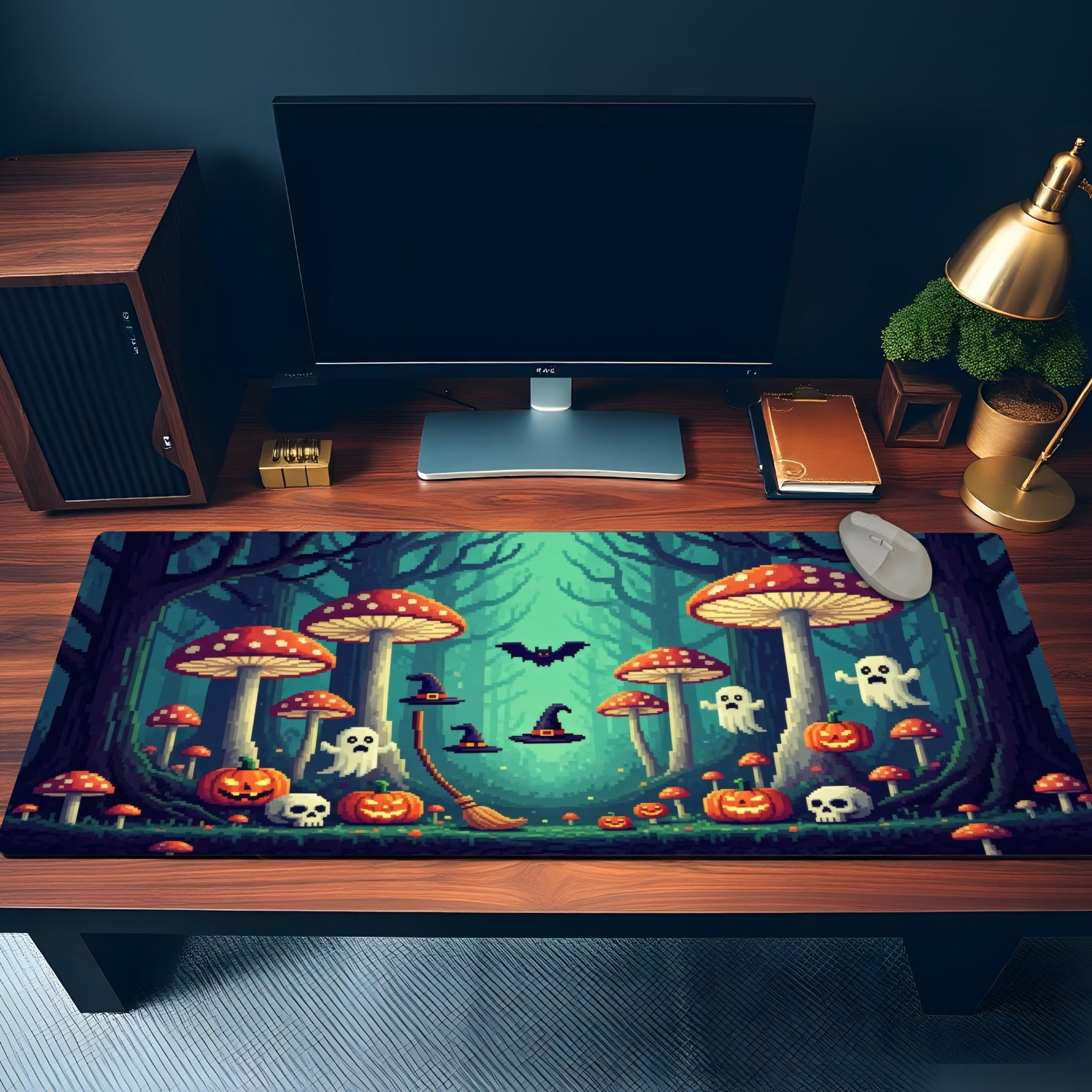 Green Halloween Pixel Art Desk Mat | Enchanted Witchy Mushroom Forest with Pumpkins, Ghosts | Retro 8Bit Style Desk Pad