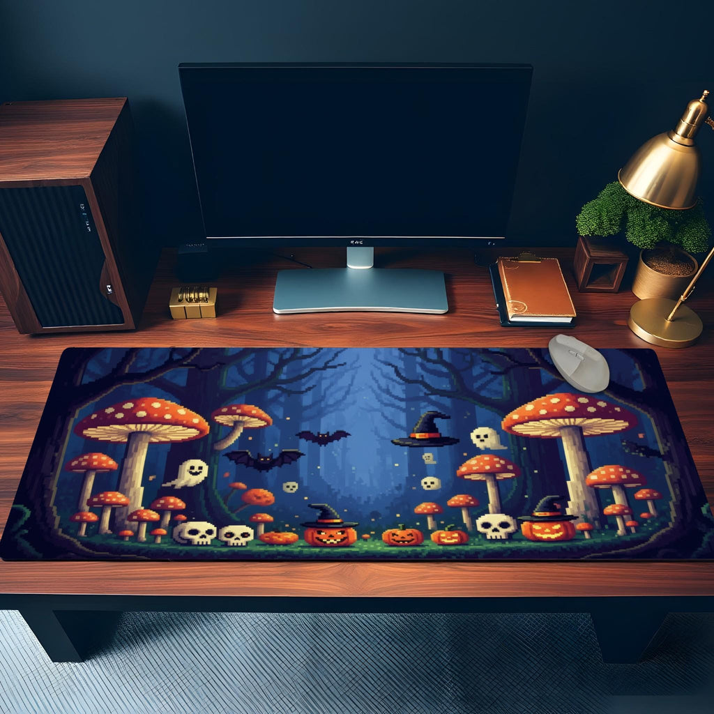 Blue Halloween Pixel Art Desk Mat | Spooky Mushroom Forest with Wicked Ghosts, Pumpkins Bats | Retro 16Bit Gaming Office Decor
