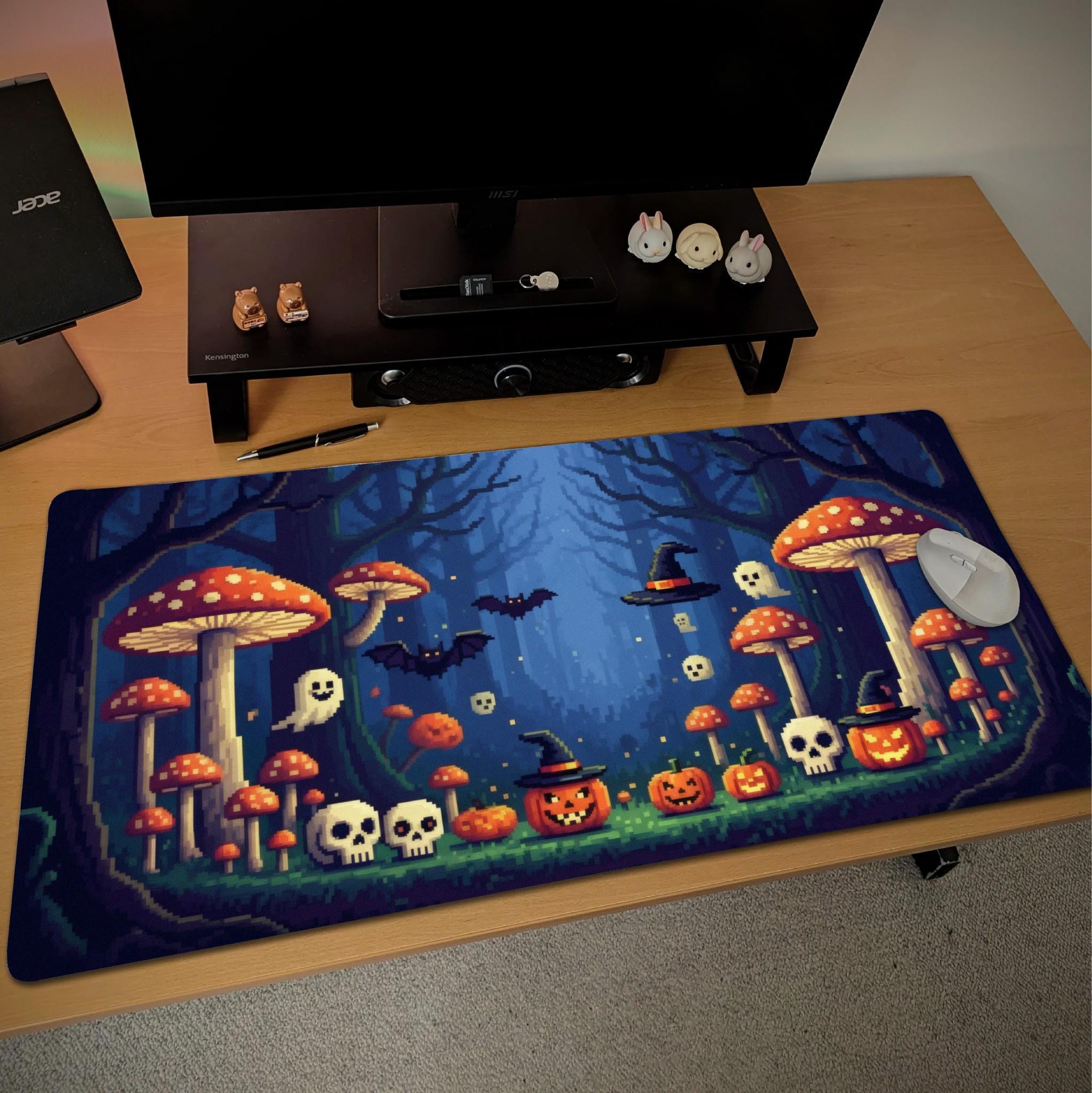 Blue Halloween Pixel Art Desk Mat | Spooky Mushroom Forest with Wicked Ghosts, Pumpkins Bats | Retro 16Bit Gaming Office Decor