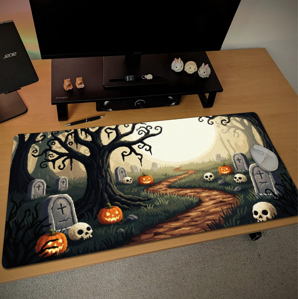 Halloween Pixel Art Graveyard Desk Mat | Spooky Tombstone, Pumpkin Forest |  Retro Gaming Style Mouse Pad