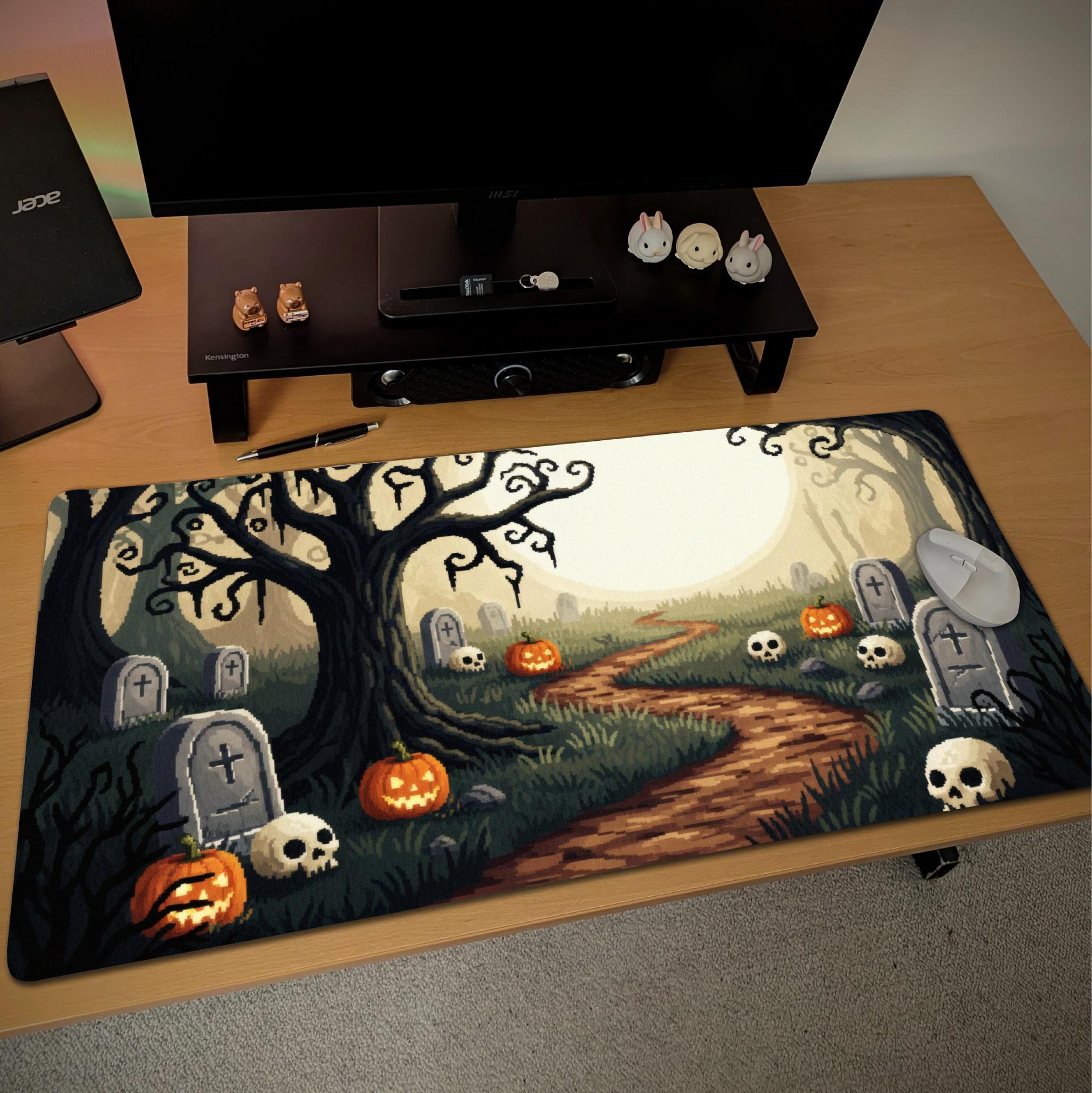 Halloween Pixel Art Graveyard Desk Mat | Spooky Tombstone, Pumpkin Forest |  Retro Gaming Style Mouse Pad