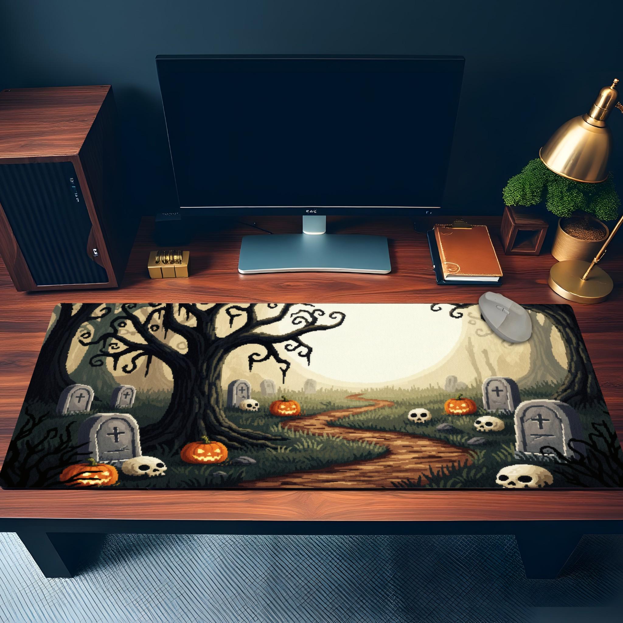 Halloween Pixel Art Graveyard Desk Mat | Spooky Tombstone, Pumpkin Forest |  Retro Gaming Style Mouse Pad