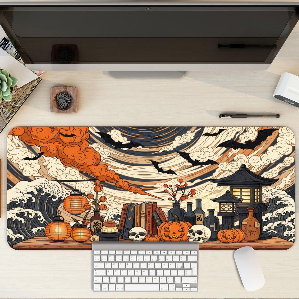 Japanese Halloween Desk Pad | Ukiyo-e Waves and Clouds | Witchy Magical, Hokusai Style Desk Art