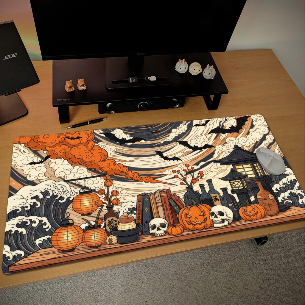 Japanese Halloween Desk Pad | Ukiyo-e Waves and Clouds | Witchy Magical, Hokusai Style Desk Art