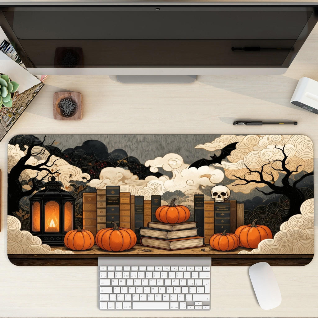 Halloween Gothic Library Desk Pad | Spellbooks, Pumpkin, Skull | Dark Academia Aesthetic Decor