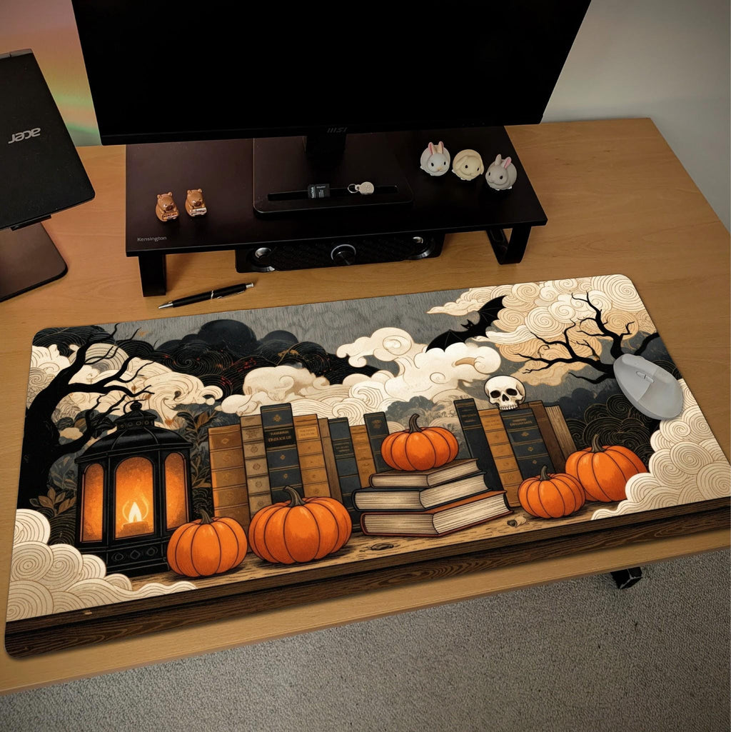 Halloween Gothic Library Desk Pad | Spellbooks, Pumpkin, Skull | Dark Academia Aesthetic Decor