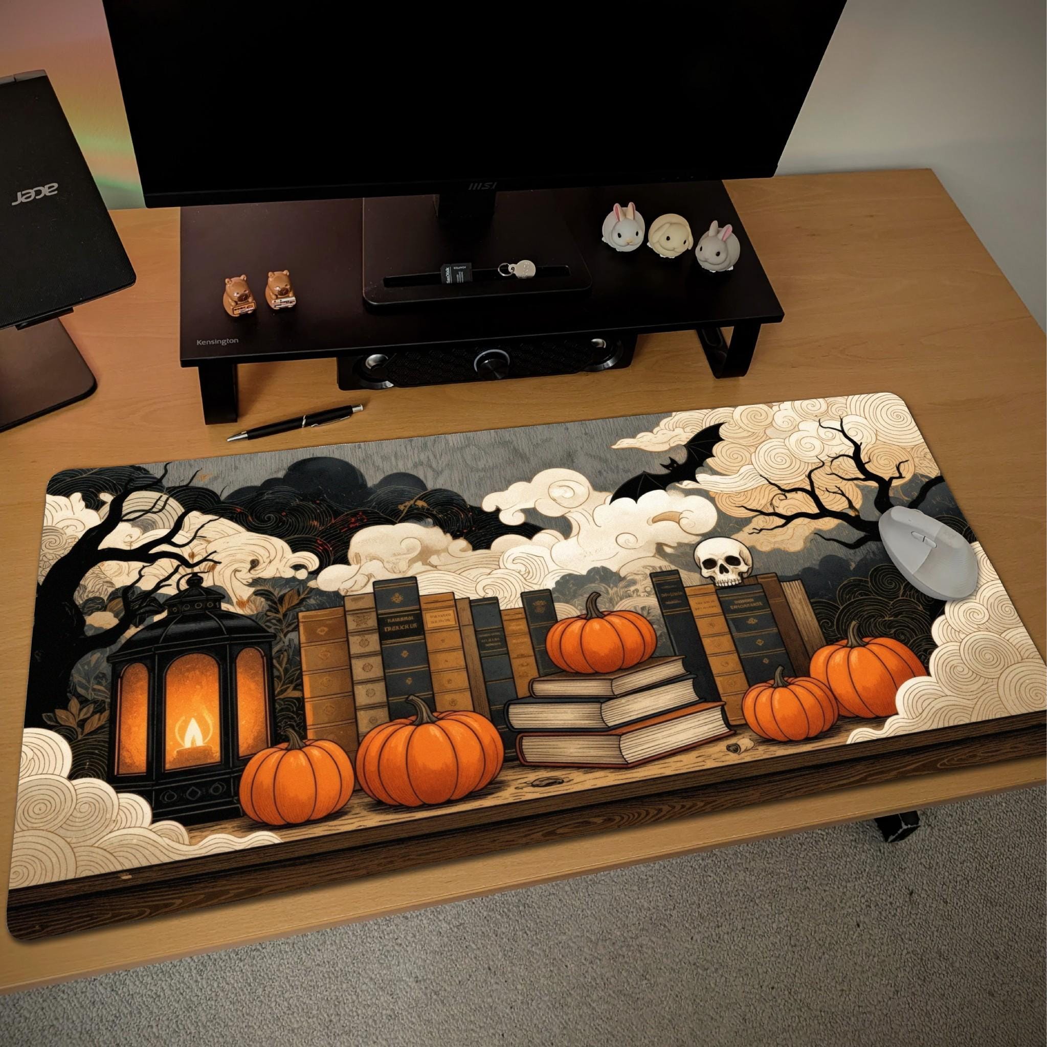 Halloween Gothic Library Desk Pad | Spellbooks, Pumpkin, Skull | Dark Academia Aesthetic Decor