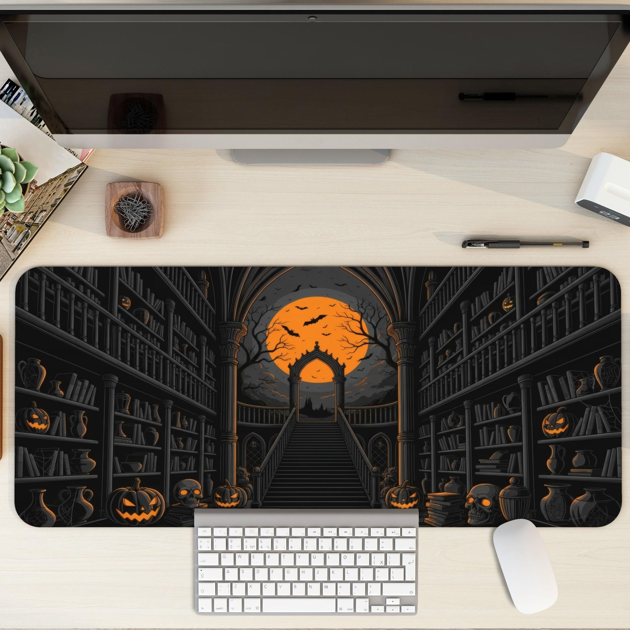 Gothic Halloween Desk Pad | Dark Academia Horror Library | Orange Black Victorian Desk Decor