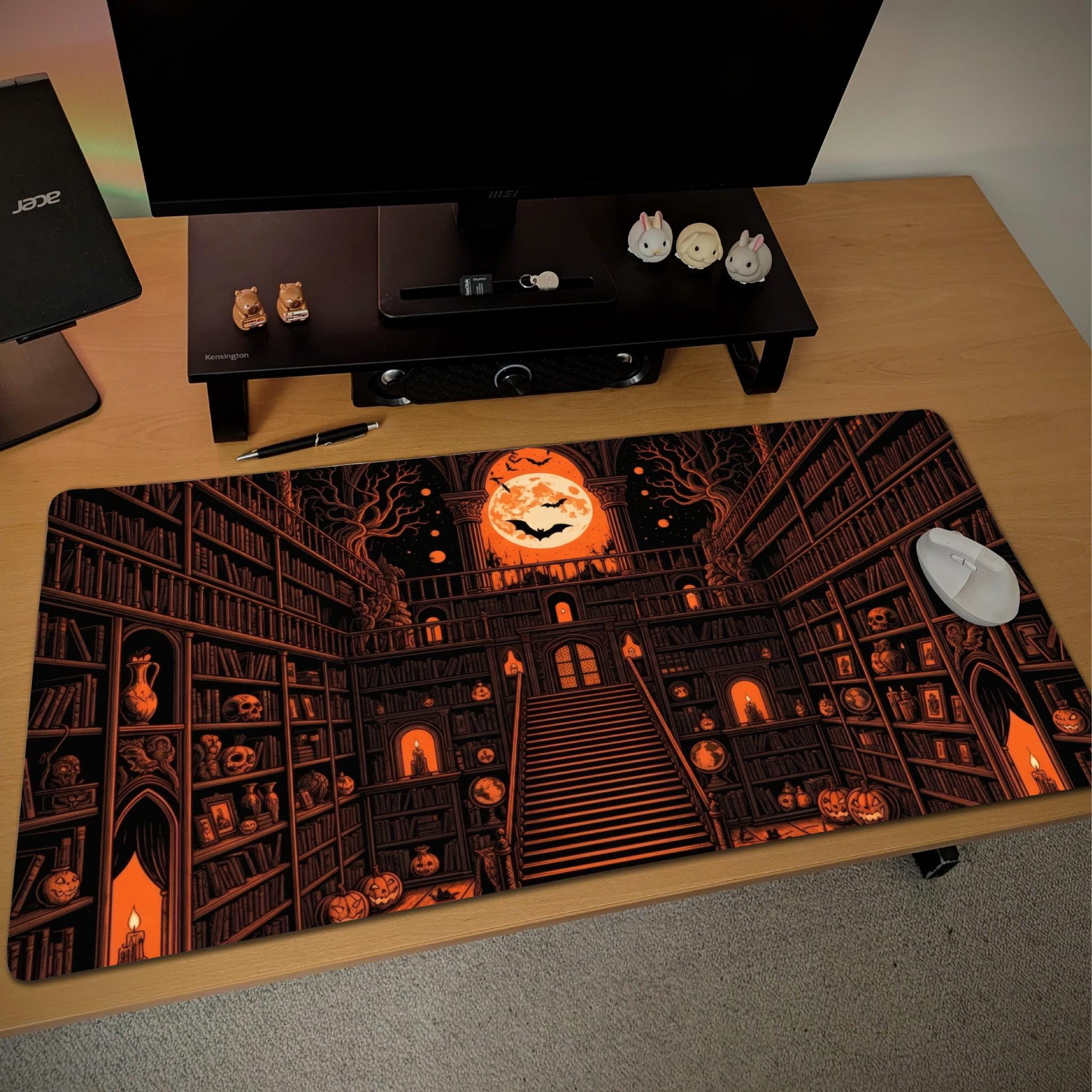 Horror Halloween Desk Mat | Gothic Library Moonlit Bats | Orange Black Victorian Office Decor | Dark Academia Art