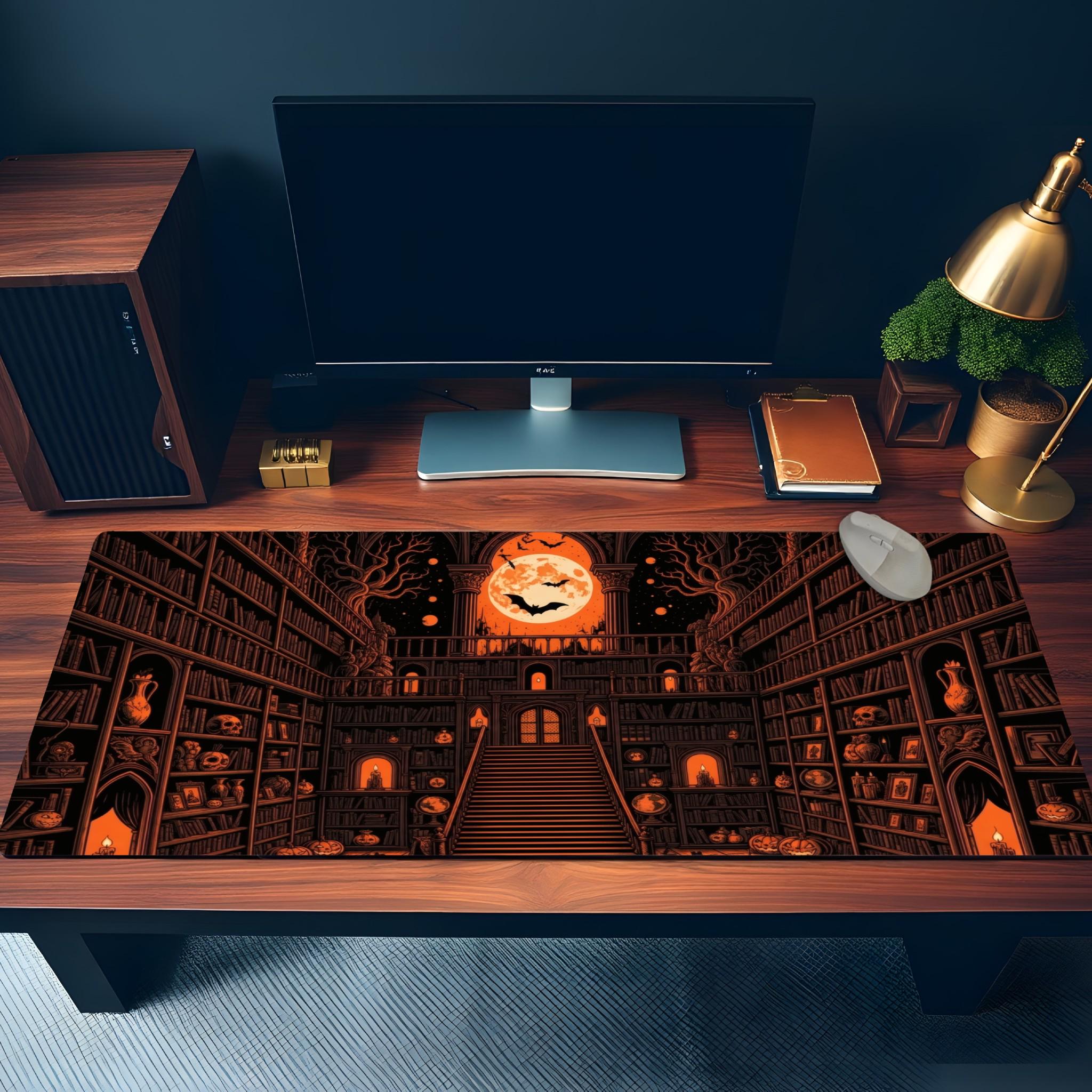 Horror Halloween Desk Mat | Gothic Library Moonlit Bats | Orange Black Victorian Office Decor | Dark Academia Art