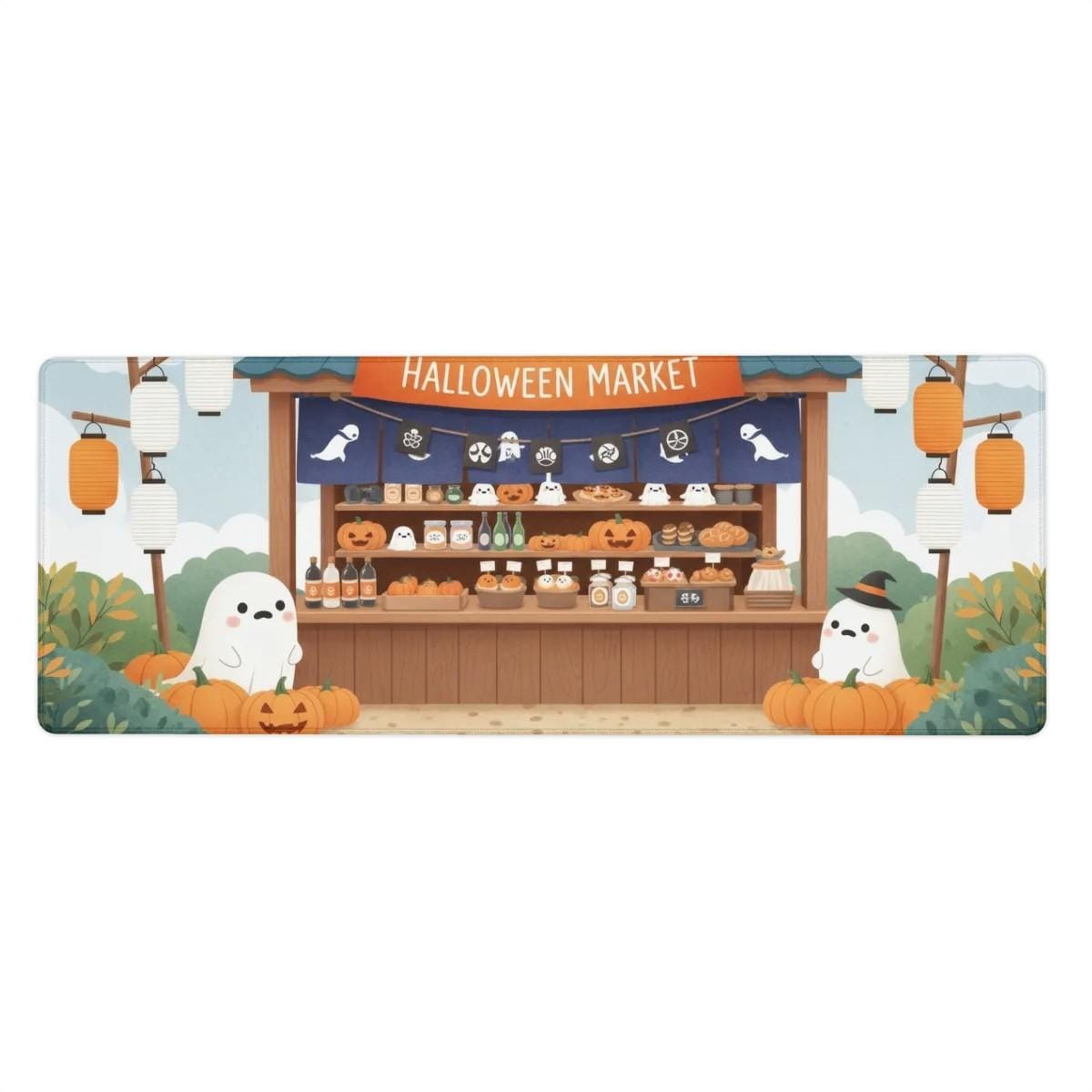 Kawaii Halloween Desk Pad | Japanese Stall, Orange Blue Green Scene, Ghost Pumpkin Vendor Design, Cozy Desk Decor