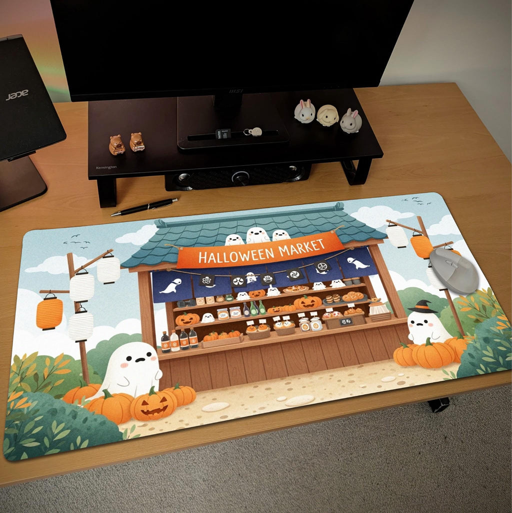 Kawaii Halloween Desk Pad | Japanese Stall, Orange Blue Green Scene, Ghost Pumpkin Vendor Design, Cozy Desk Decor