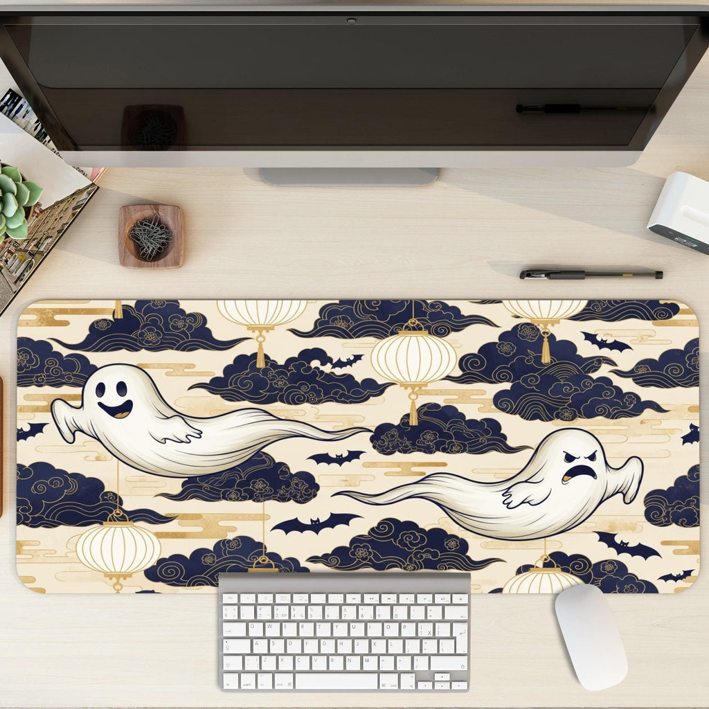 Blue Clouds Halloween Desk Mat | Ghost Lantern Mouse Pad, Navy Gold Aesthetcs