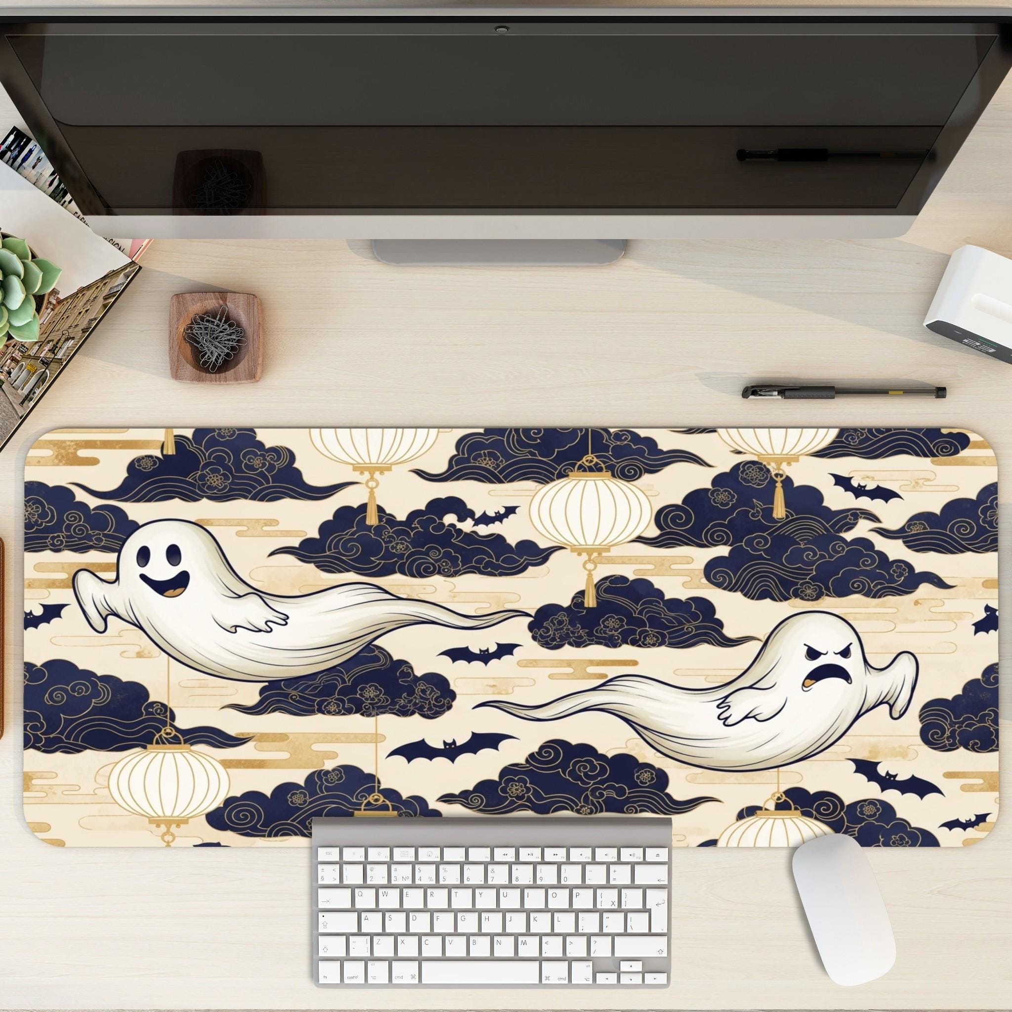 Blue Clouds Halloween Desk Mat | Ghost Lantern Mouse Pad, Navy Gold Aesthetcs