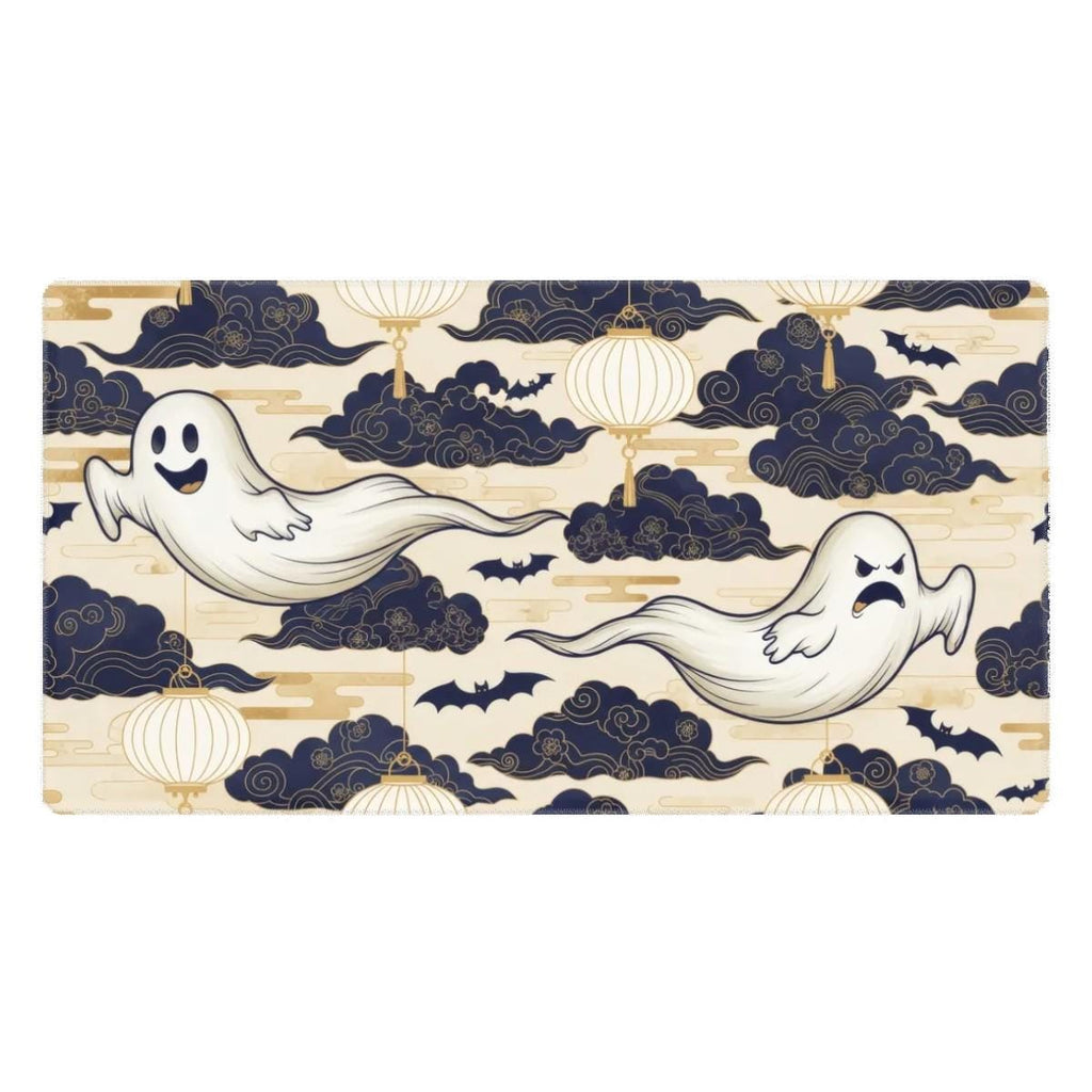 Blue Clouds Halloween Desk Mat | Ghost Lantern Mouse Pad, Navy Gold Aesthetcs