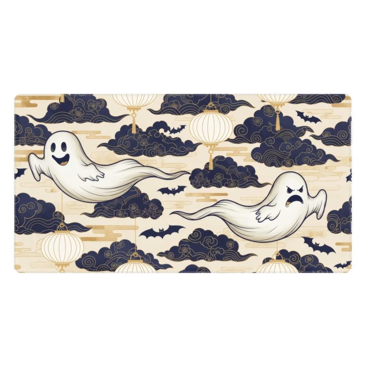 Blue Clouds Halloween Desk Mat | Ghost Lantern Mouse Pad, Navy Gold Aesthetcs