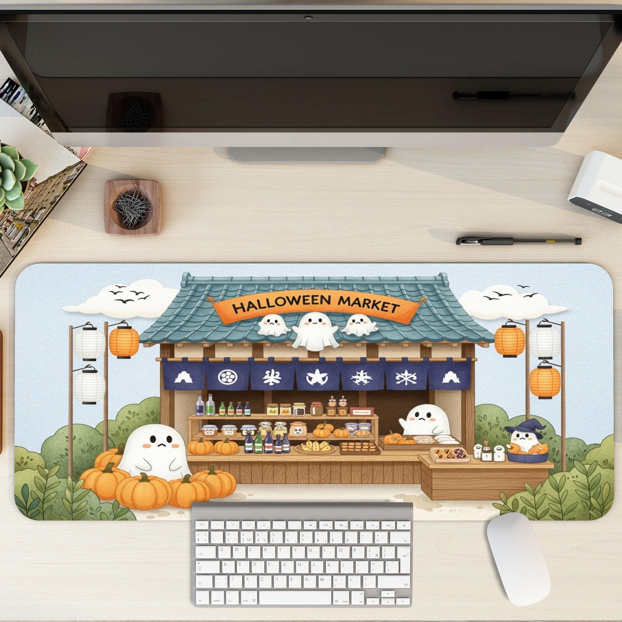 Halloween Market Desk Mat | Kawaii Ghost Stall Drawing, Orange Blue Aesthetic | Autumn Cozy Office Decor