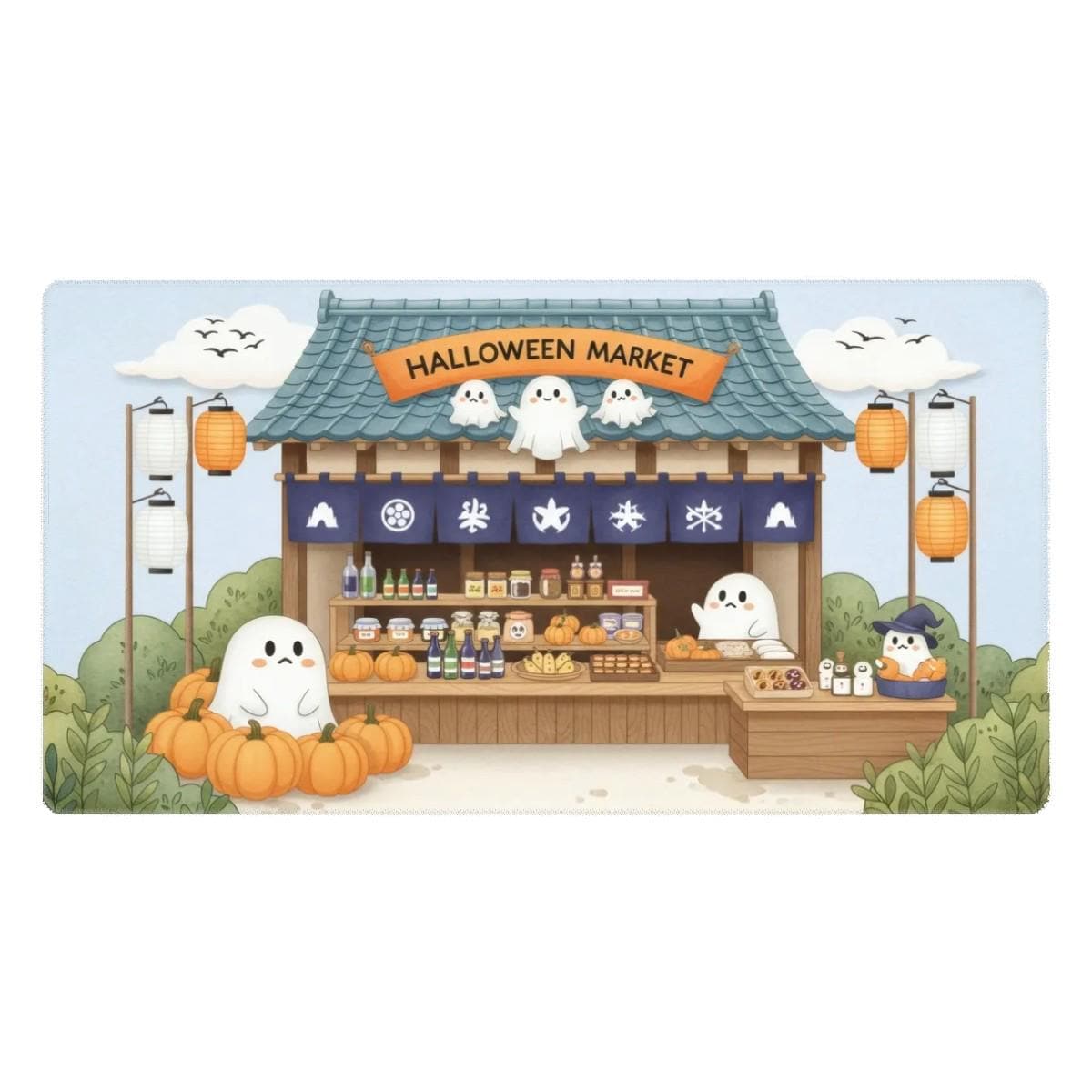 Halloween Market Desk Mat | Kawaii Ghost Stall Drawing, Orange Blue Aesthetic | Autumn Cozy Office Decor